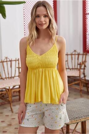Kadın Sarı İp Askılı Şortlu Pijama Takımı ESK28532