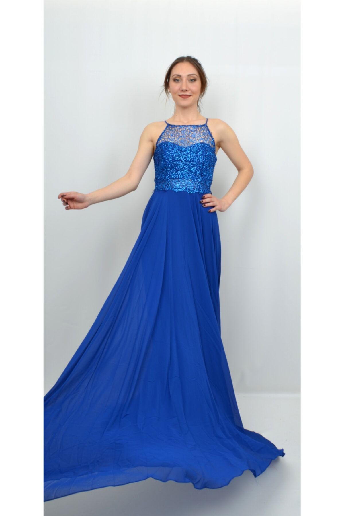 ALIS DRESS Saks Синее кружевное шифоновое вечернее платье с мерцающей верхней частью AL-0699