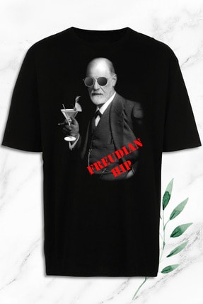 Oversize Sigmund Freud Baskılı Siyah Tişört OVR 179