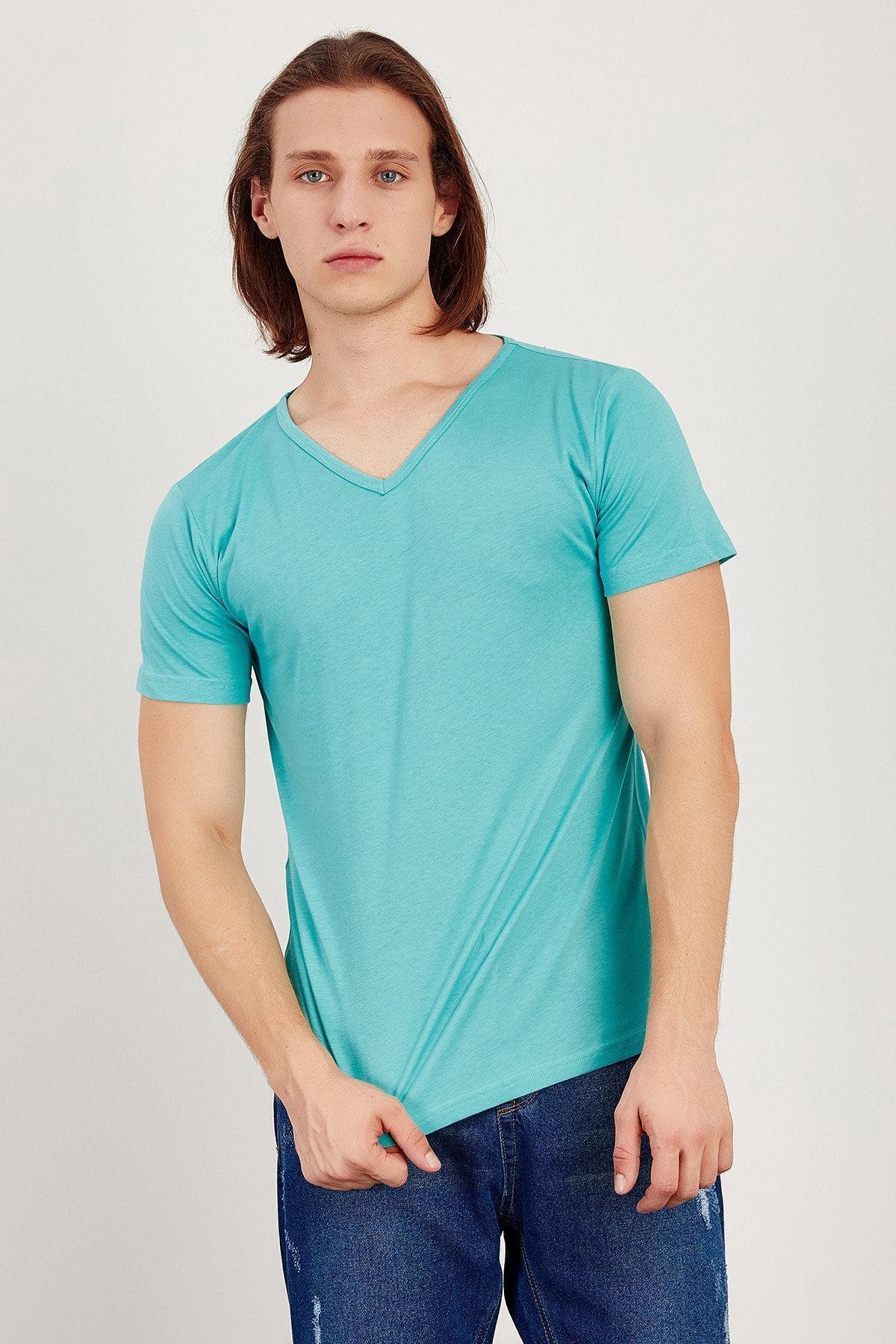 Erkek Yeşil V Yaka Basic T-Shirt | ME20S214177