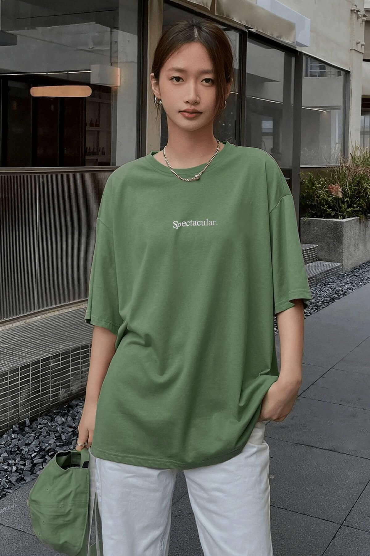 Spectacular Açık Yeşil Oversize Salas Boyfriend Kadın T-shirt