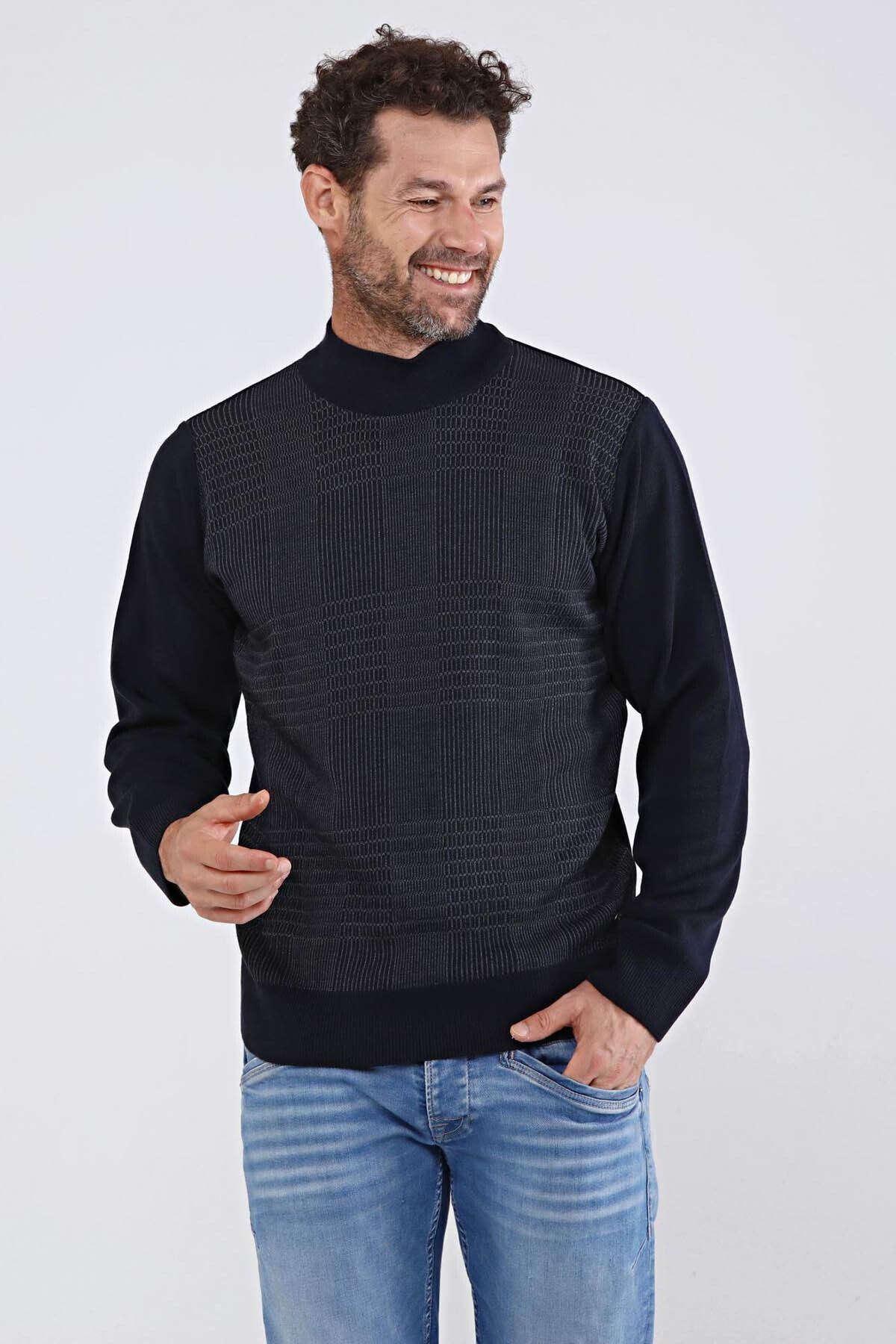 Çizgi Triko-Pulover tricot tricot din oțel pe jumătate Fisherman pentru bărbați 4603b bleumarin 3