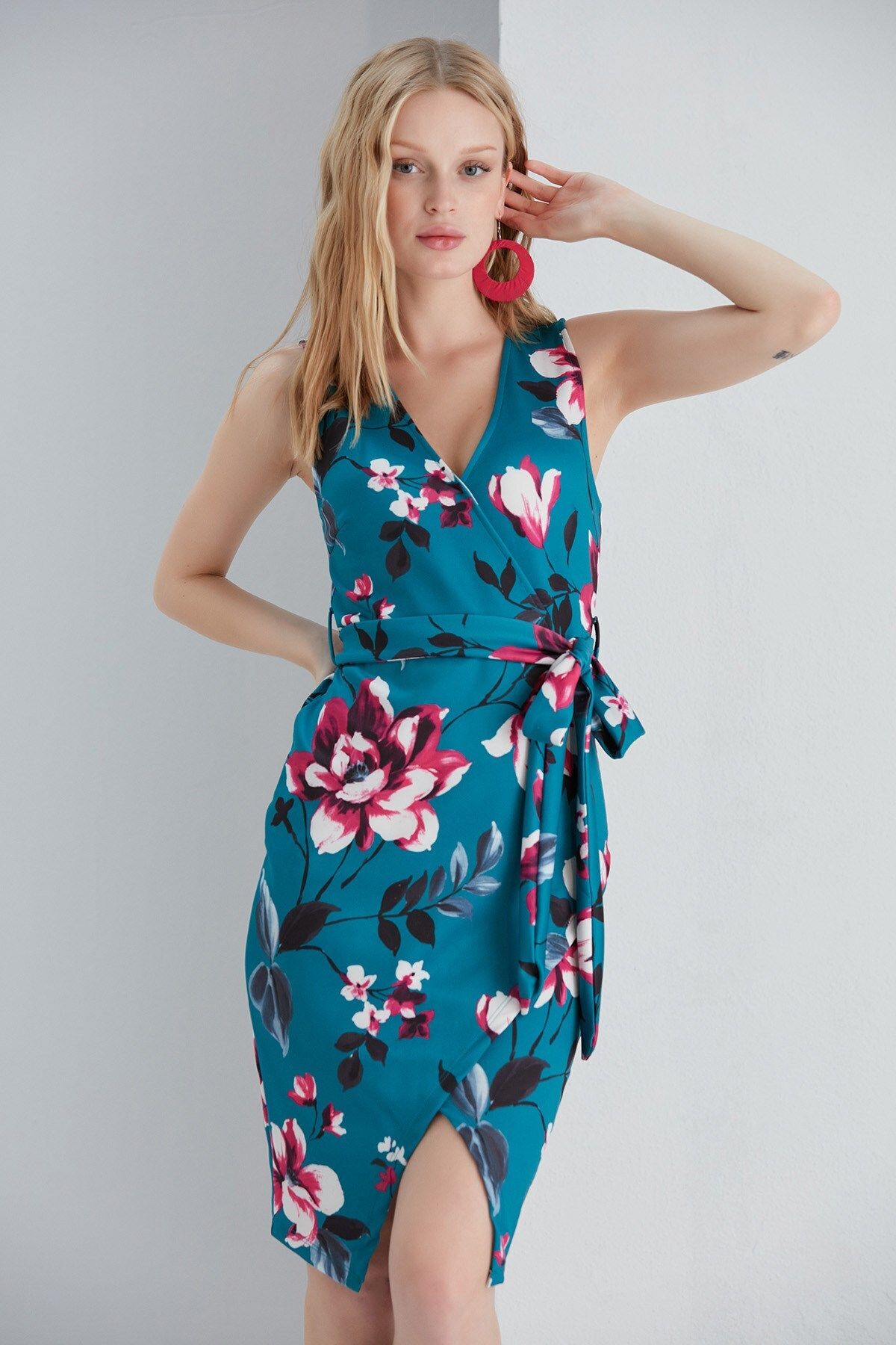 MAMAYAGA-Rochie de damă, albastru petrol, fucsia, cu imprimeu floral, cu decolteu dublu, cu fantă, fără mâneci, șic 2