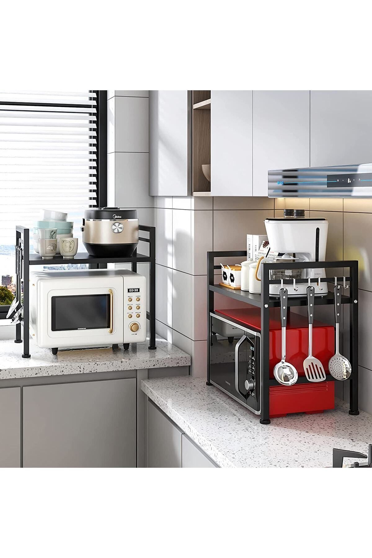 Ev Düzeni Uzmanı Siyah Mikrodalga Fırın Ve Mutfak Rafı – Tezgahüstü Modern Organizer, 59cm Genişlik