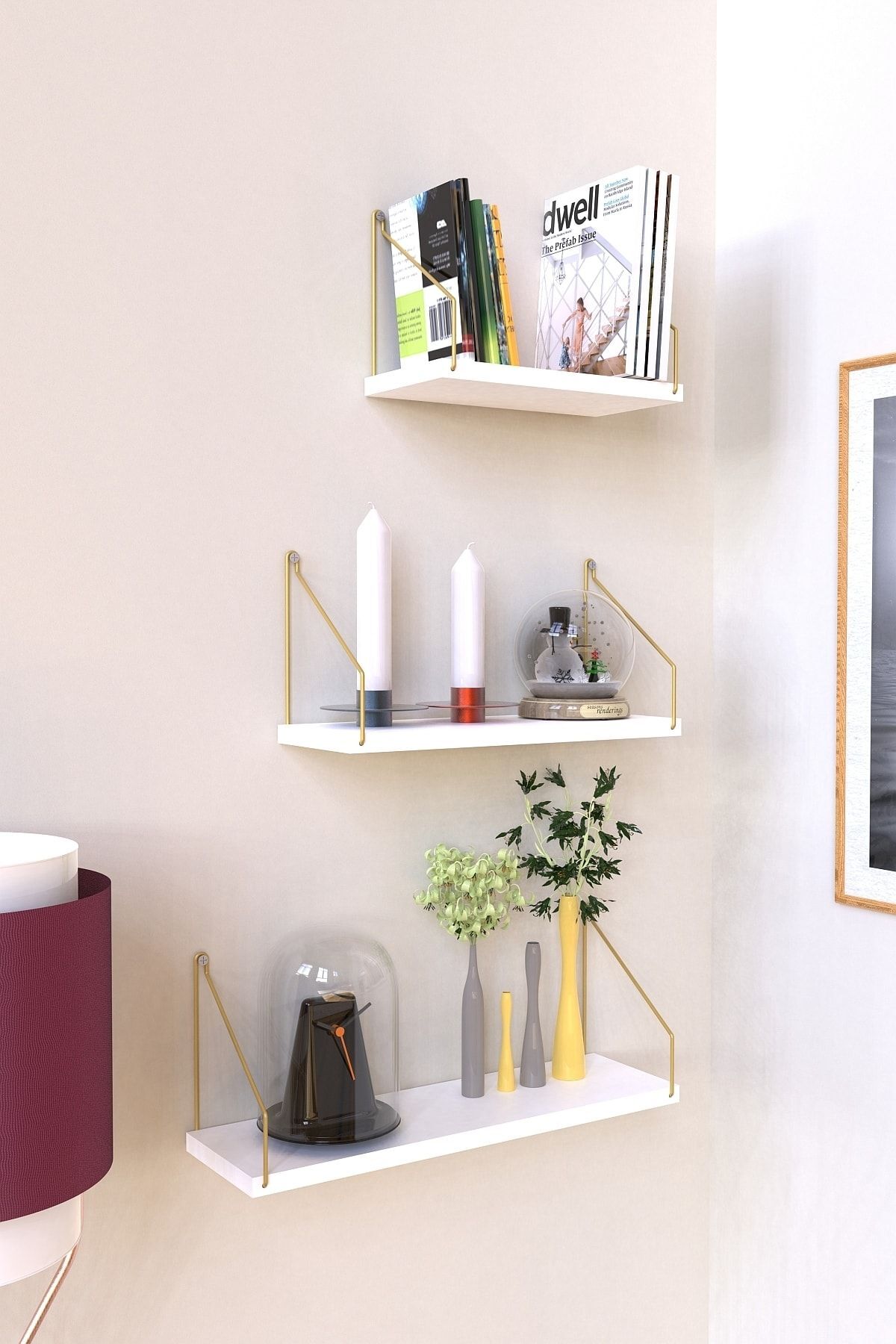 Wall Shelf 3-Piece Set Bookshelf Kitchen Bathroom Living Area Gold Arm