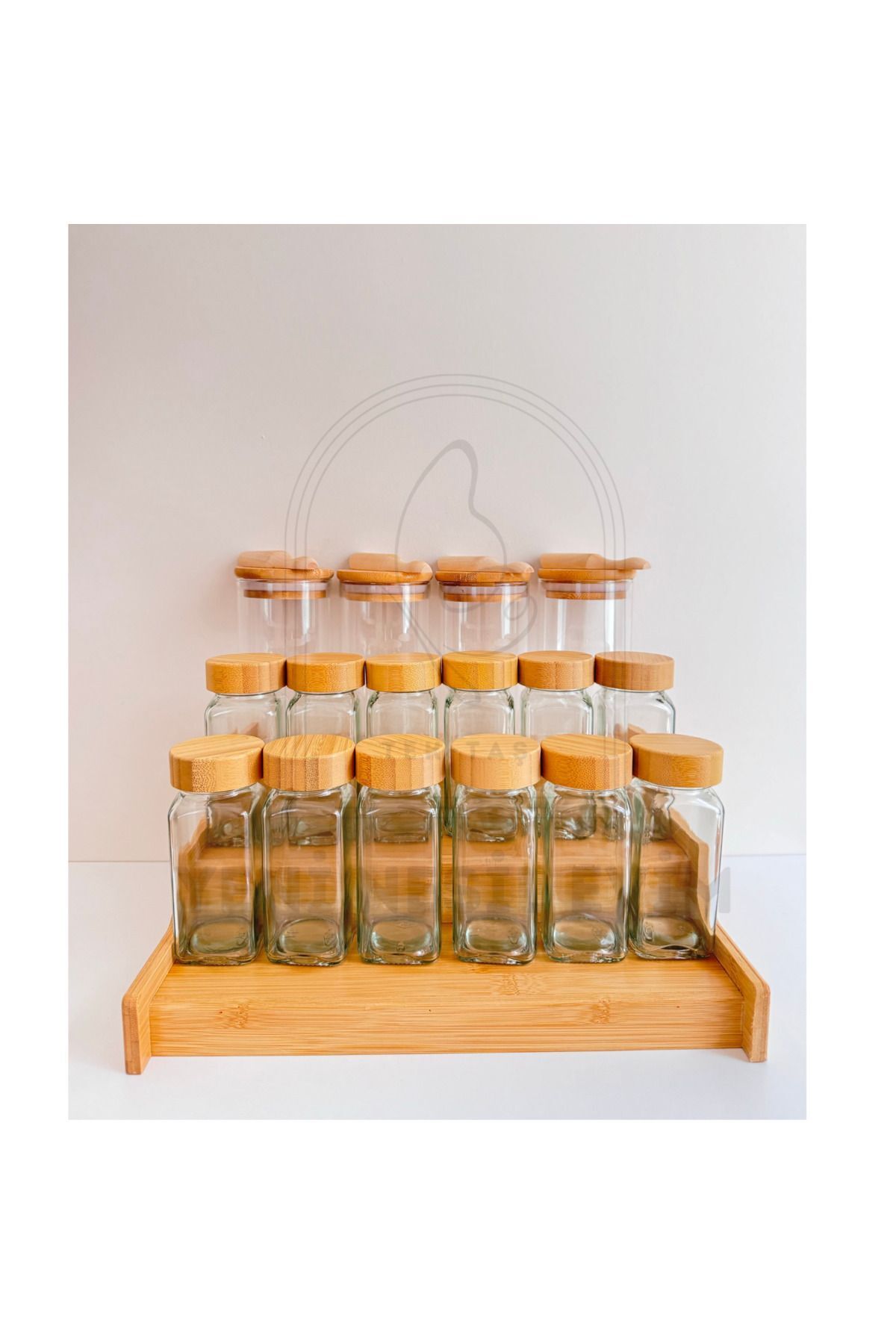 4lü 300 ml Vakumlu Yuvarlak Kaşıklı Cam Kavanoz+12li 120 ml Baharatlık ve  3 Katlı Bambu Stand