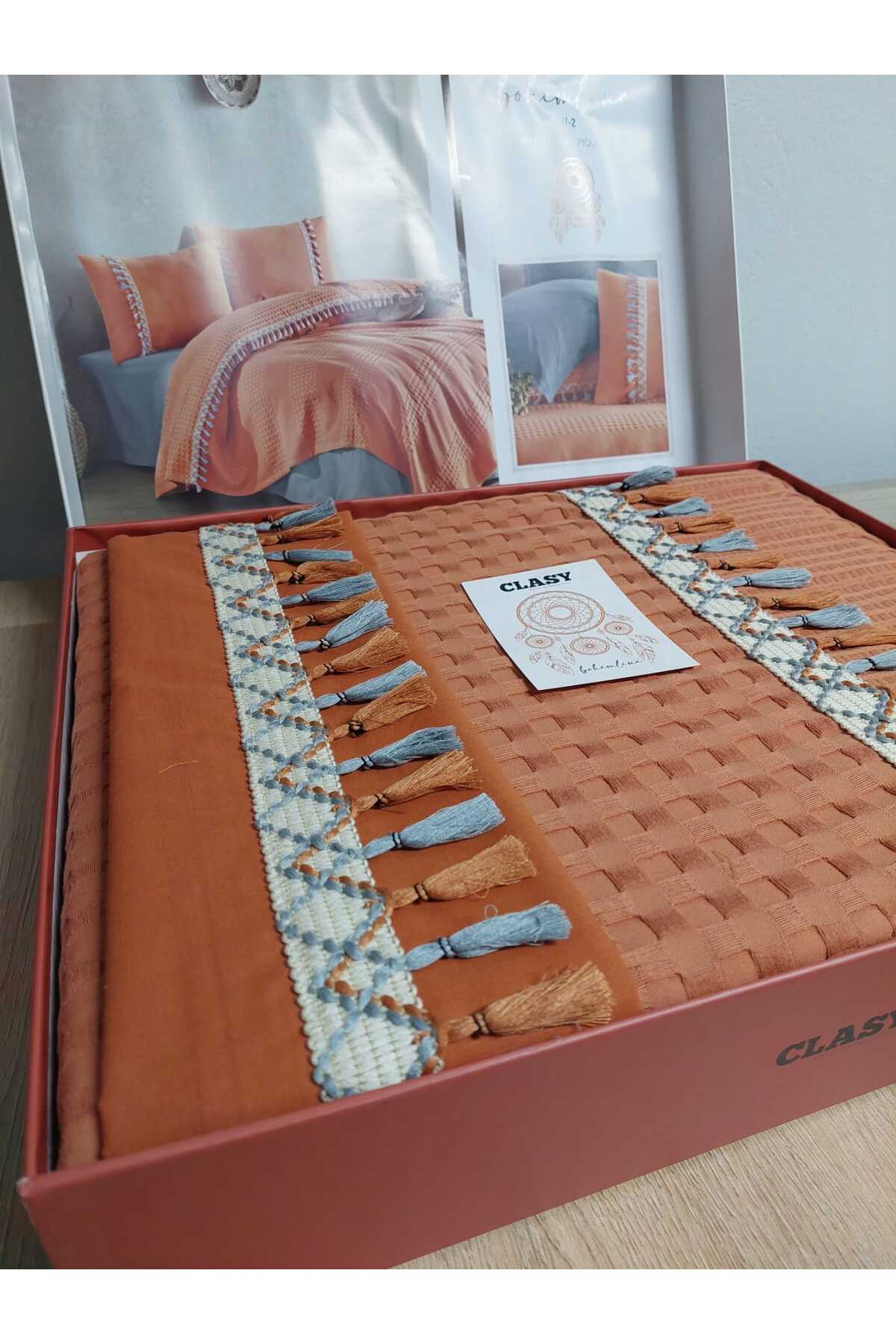 DENİZLİ ÇEYİZ Clasy Butik Çift Kişilik Pike Takımı Bohemline Kiremit 6