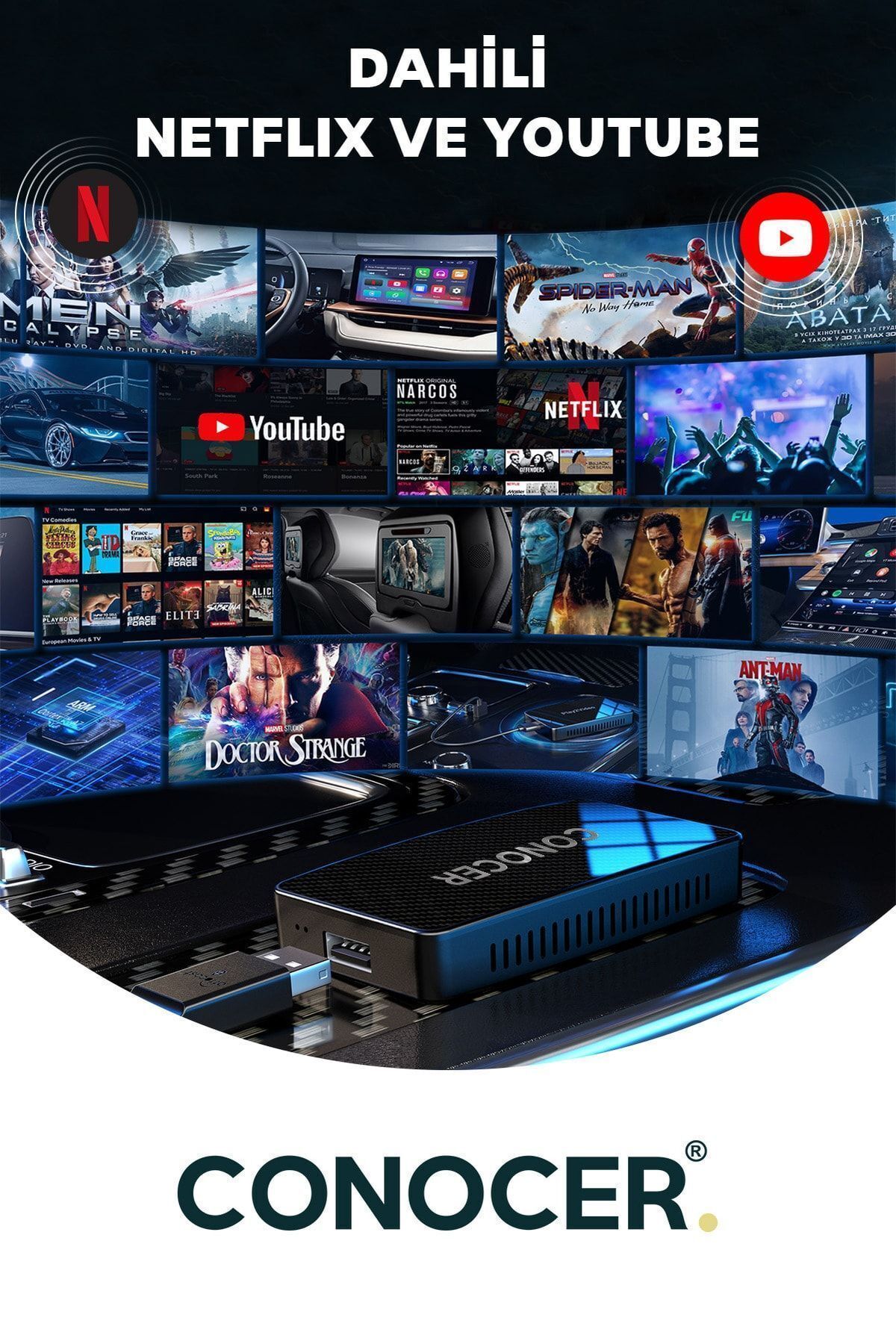 CONOCER-Wireless Carplay Adapter with Iphone iOS Android Netflix Youtube Compatible 2