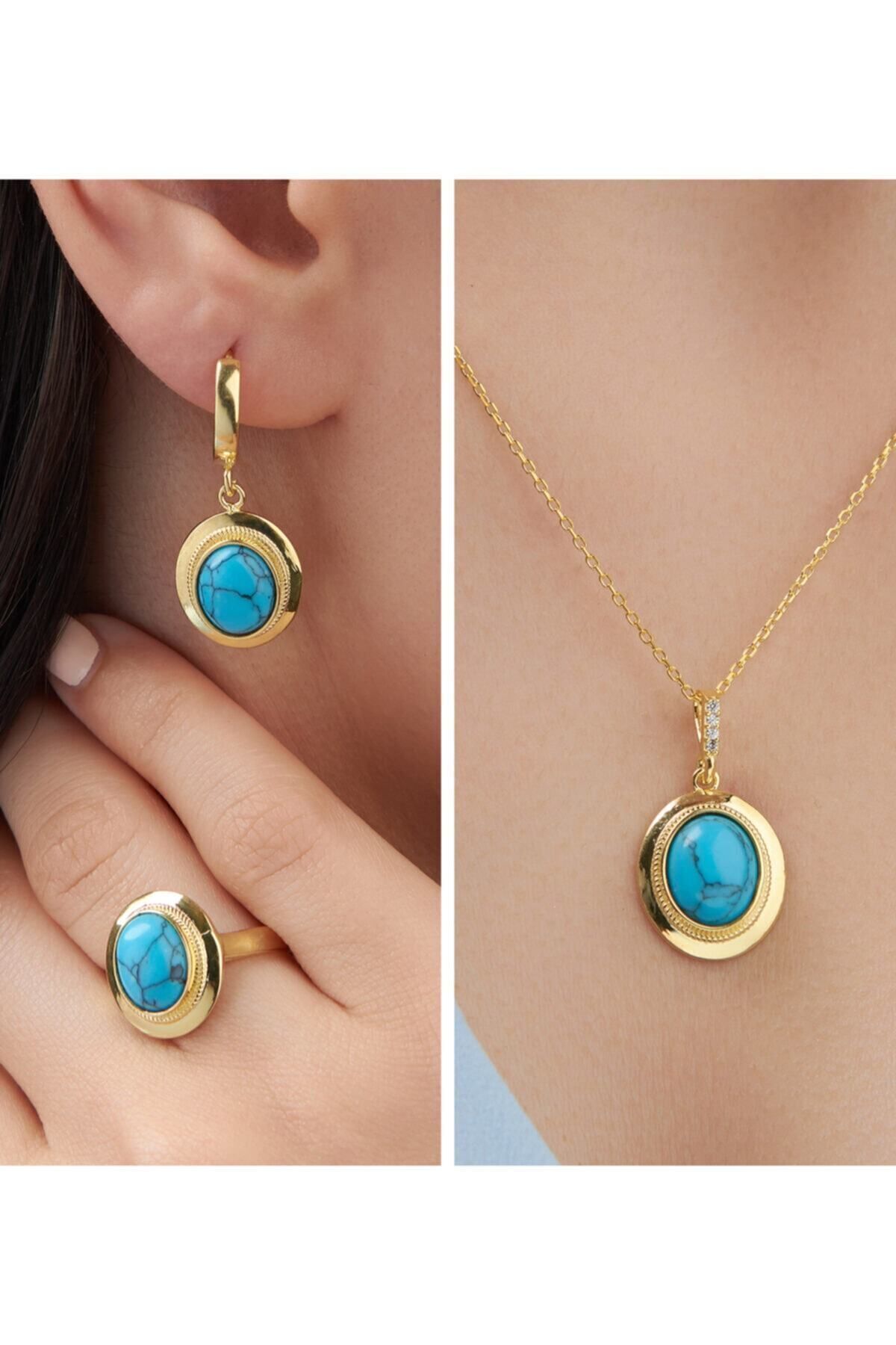 Siset Gümüş 925 Ayar Sarı Altın Kaplama Firuze (turkuvaz ) Taşlı Üçlü Gümüş Set