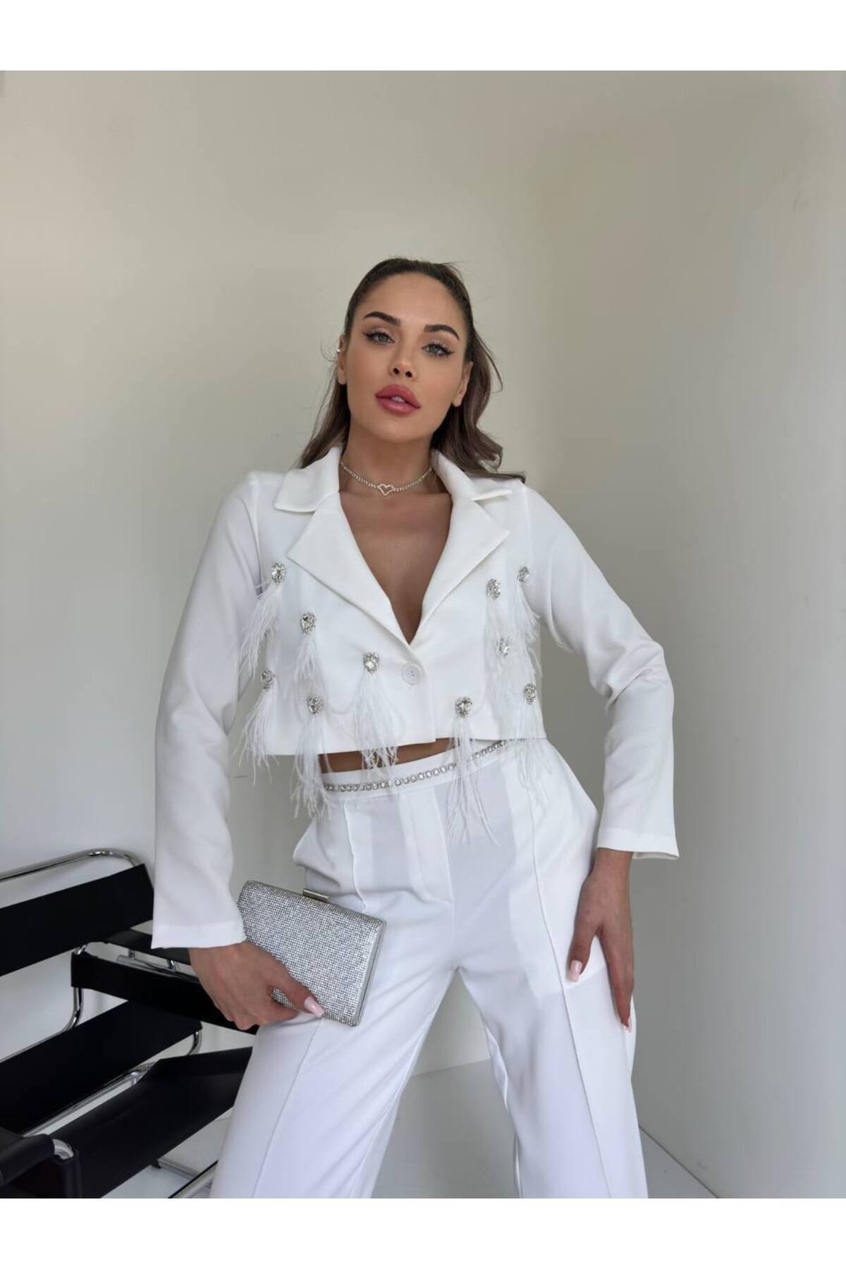 Women White Imported Fabric Tassel Detail Jacket Waist Chain Belted Pants Design Bottom-Top Set