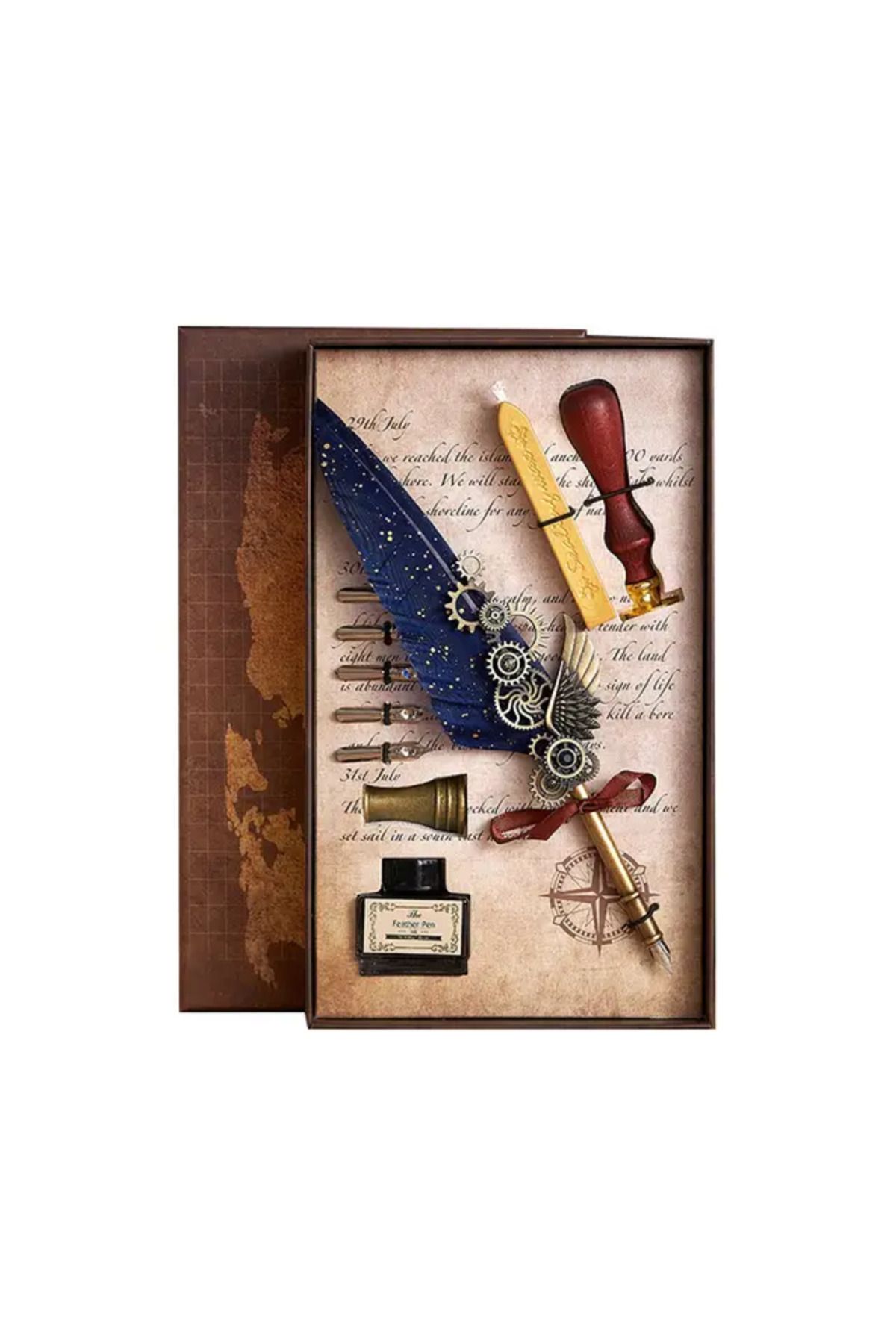 taşarzade-Patterned Premium First Class Model Dip Inkwell Set with Five Colors Head, Wax Seal and Ink 6
