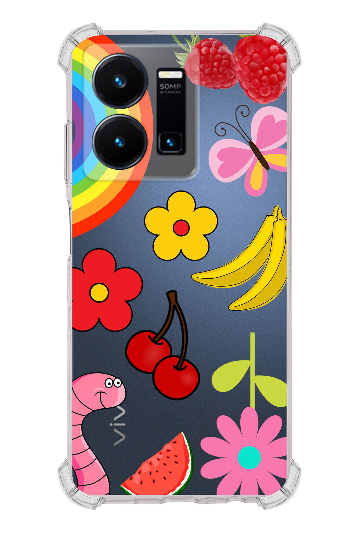 PrinriFy Vivo Y22s Uyumlu Water Color 5 Baskılı Şeffaf Köşe Korumalı Antişok Kılıf