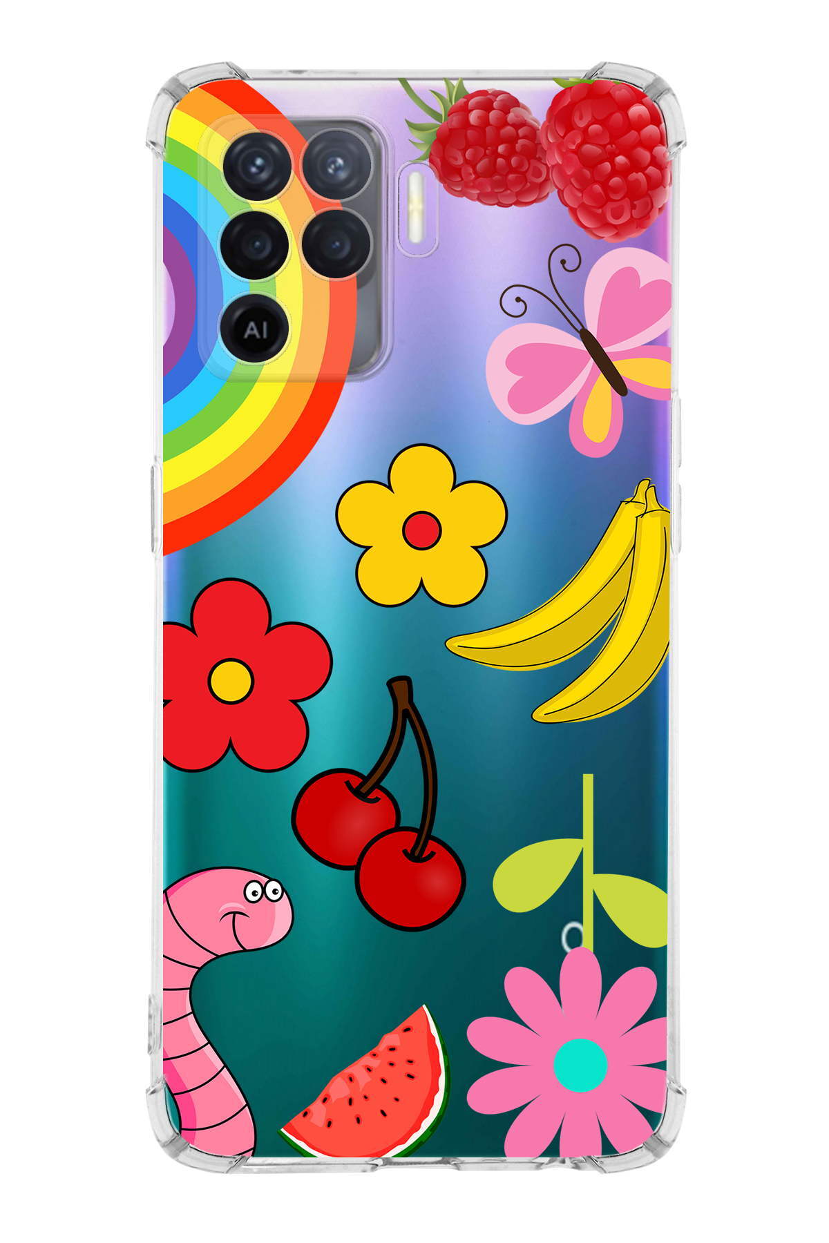 PrinriFy Oppo Reno 5 Lite Uyumlu Water Color 5 Baskılı Şeffaf Köşe Korumalı Antişok Kılıf