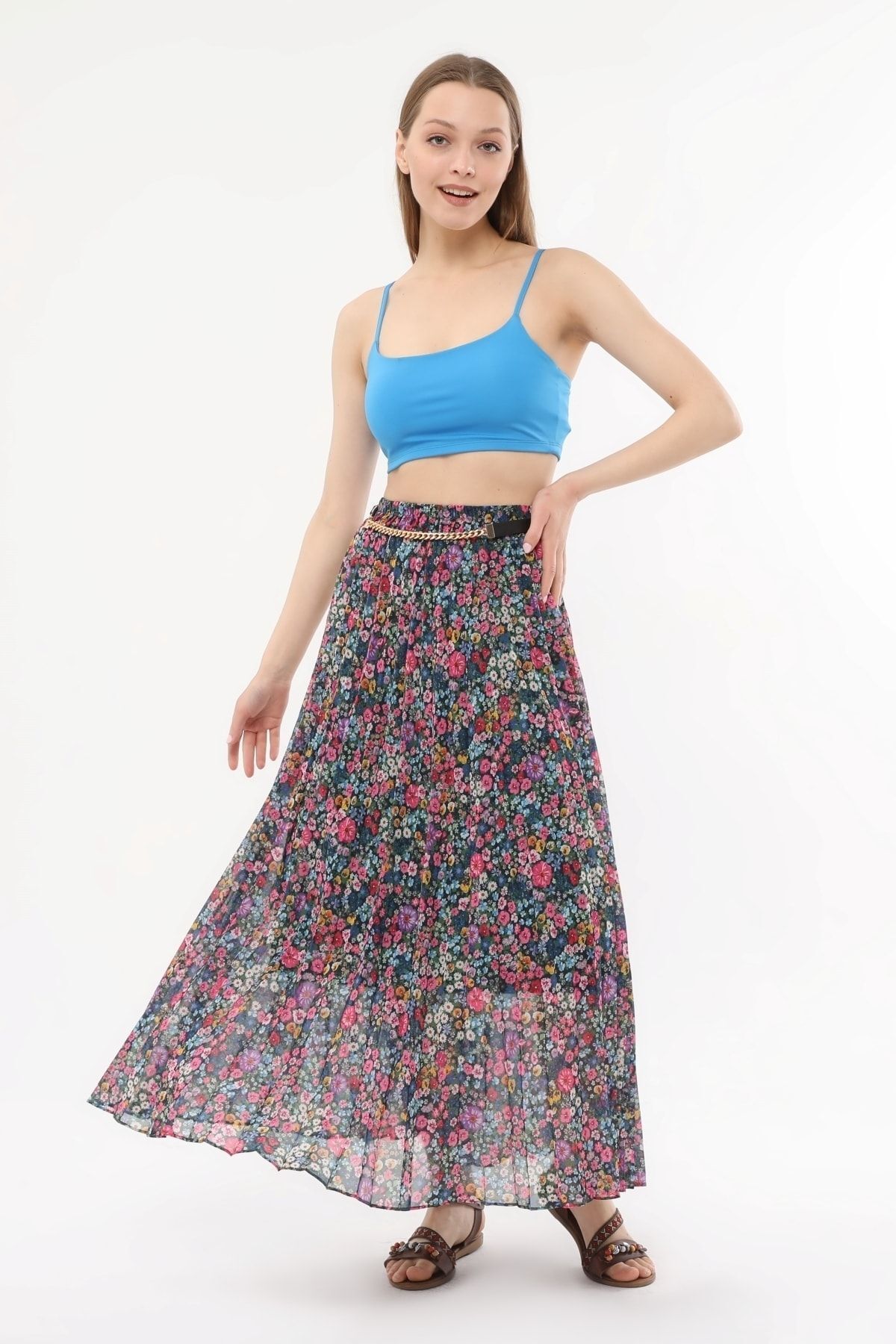 sehatex-Pleated Chiffon Skirt - Patterned, Elastic Waist and Lined Qys 4