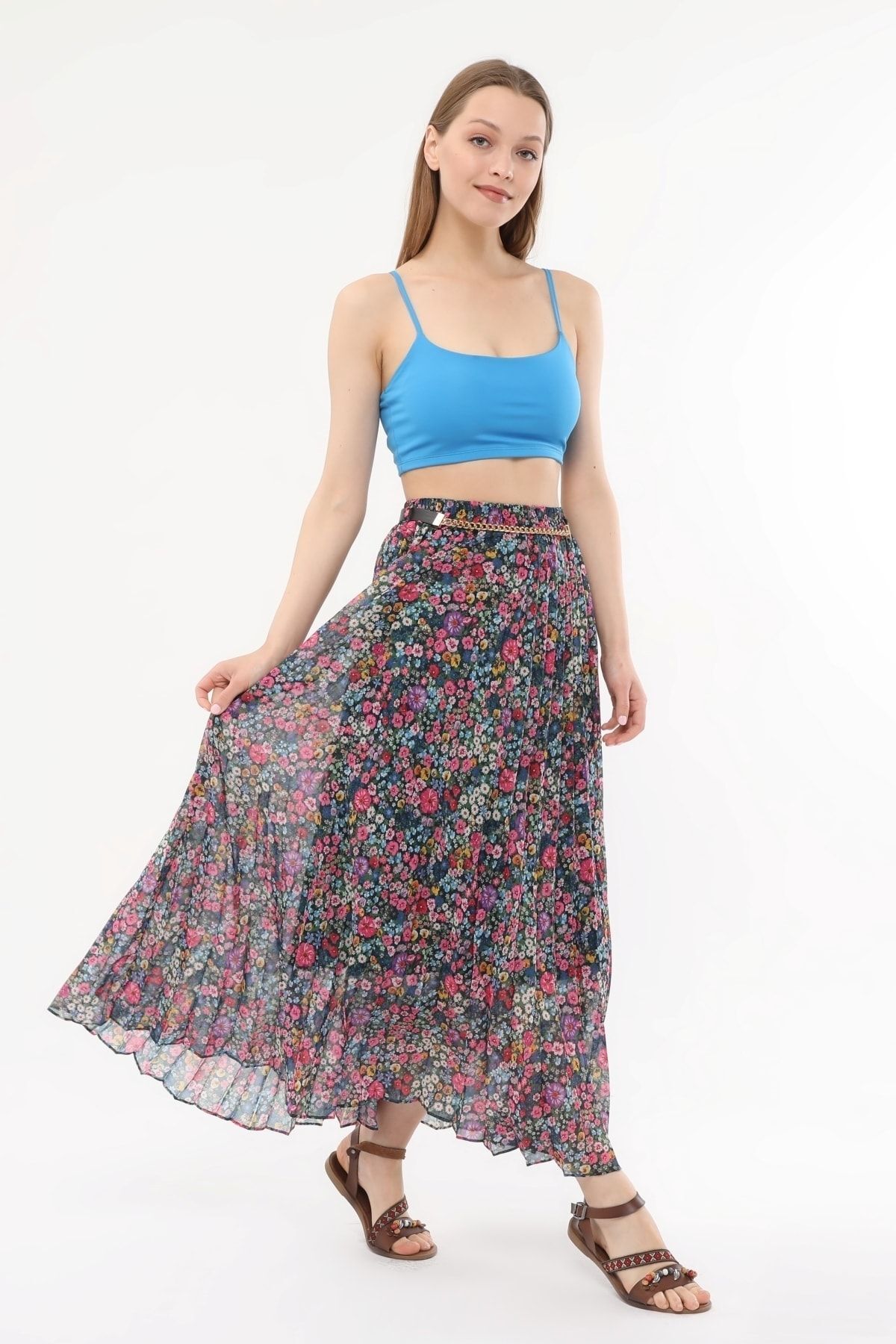 sehatex-Pleated Chiffon Skirt - Patterned, Elastic Waist and Lined Qys 8