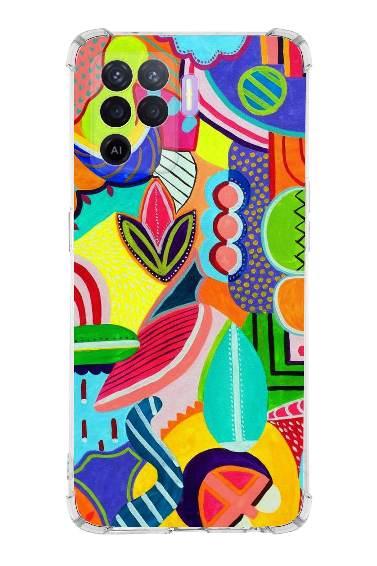 Oppo Reno 5 Lite Uyumlu Retro Color 6 Baskılı Şeffaf Köşe Korumalı Antişok Kılıf