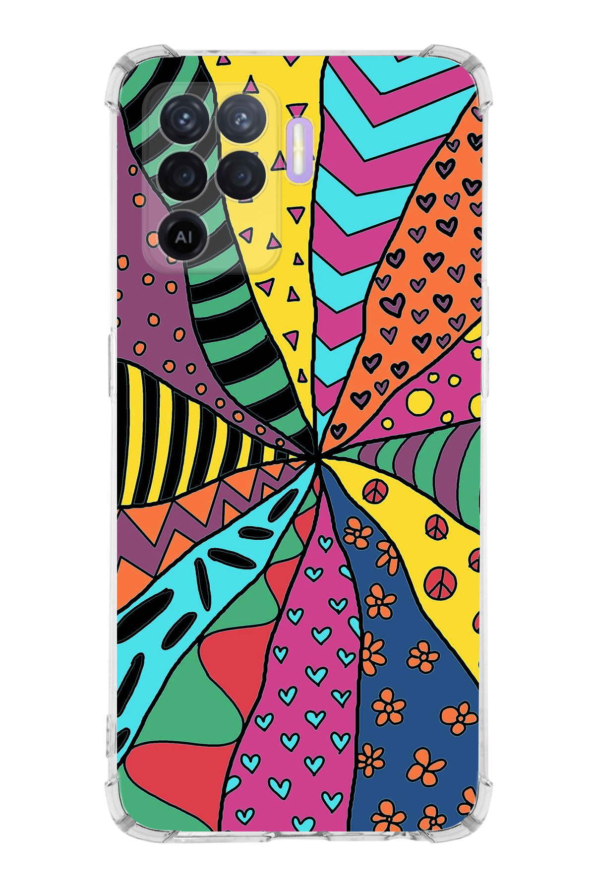 Oppo Reno 5 Lite Uyumlu Retro Color 4 Baskılı Şeffaf Köşe Korumalı Antişok Kılıf