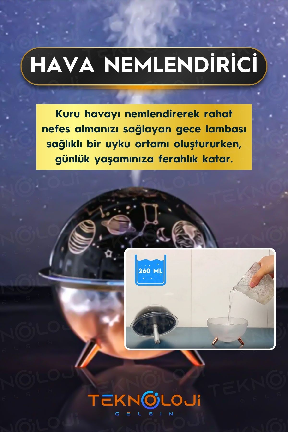 Teknoloji Gelsin Çocuk ve Bebek Gece Lambası Mini Projeksiyon Lambası Hava Nemlendirici 260 Ml Ultrasonik Galaksi fotoğrafı 5 (önizleme)
