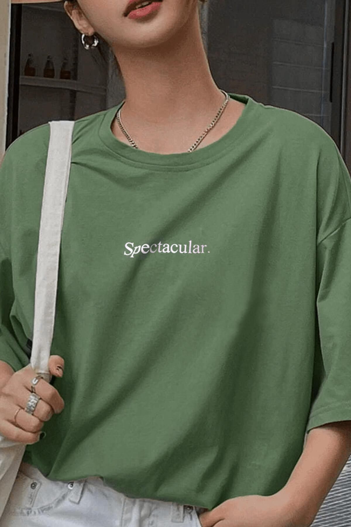Spectacular Açık Yeşil Oversize Salas Boyfriend Kadın T-shirt
