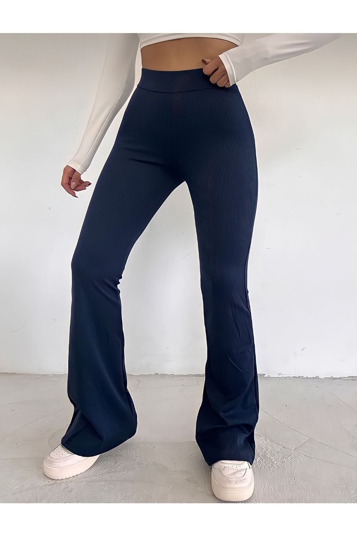 Navy Blue High Waist Ribbed Spandex Leggings