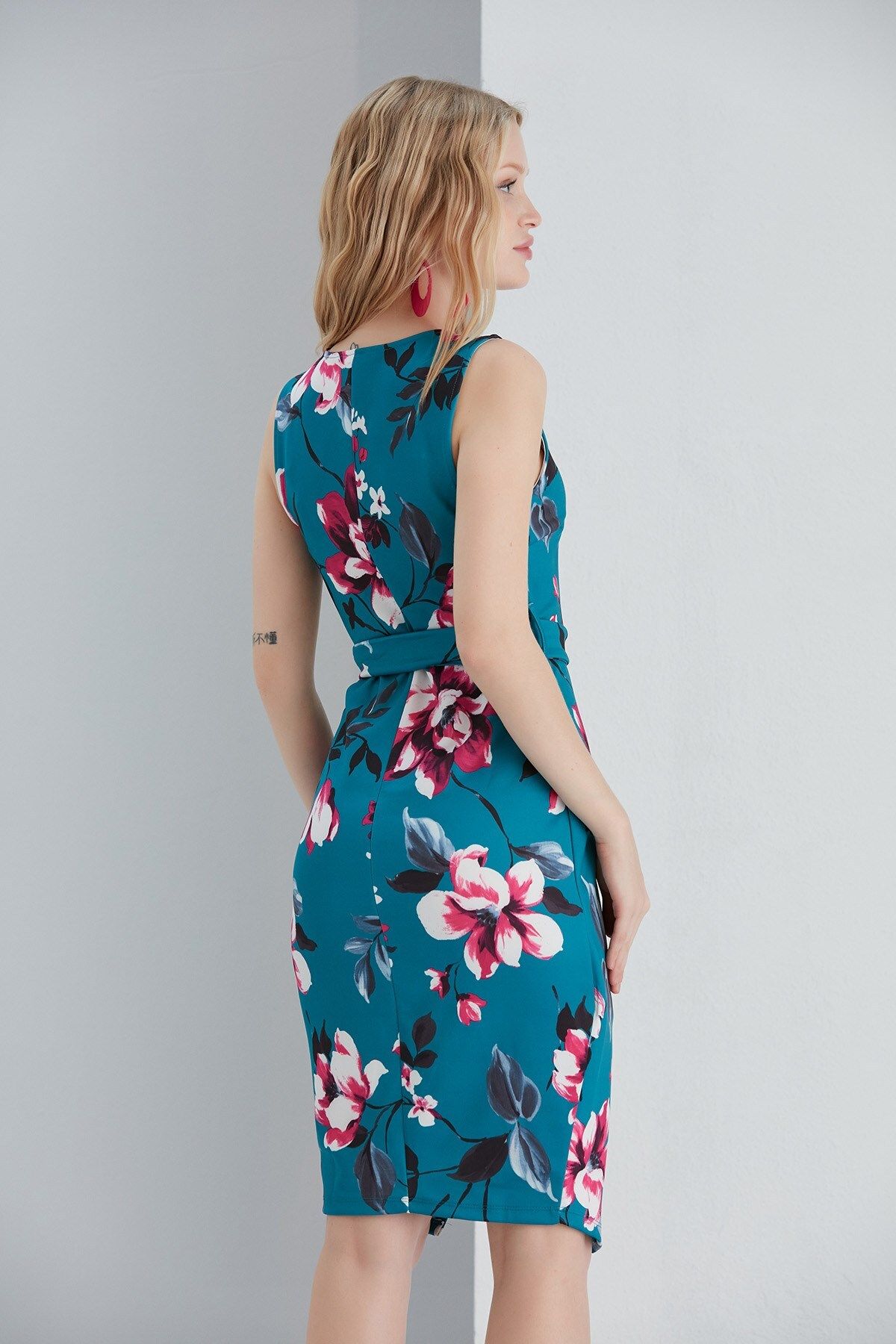 MAMAYAGA-Rochie de damă, albastru petrol, fucsia, cu imprimeu floral, cu decolteu dublu, cu fantă, fără mâneci, șic 7