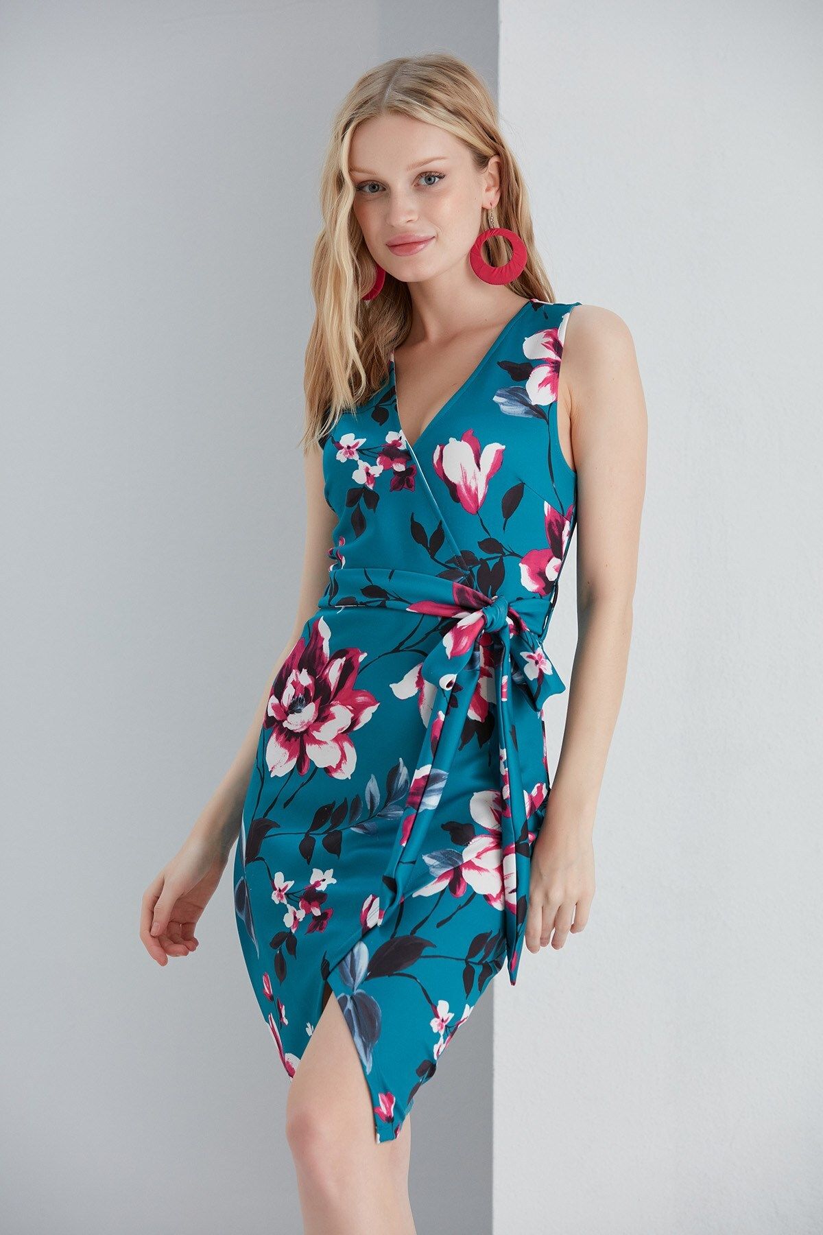 MAMAYAGA-Rochie de damă, albastru petrol, fucsia, cu imprimeu floral, cu decolteu dublu, cu fantă, fără mâneci, șic 5