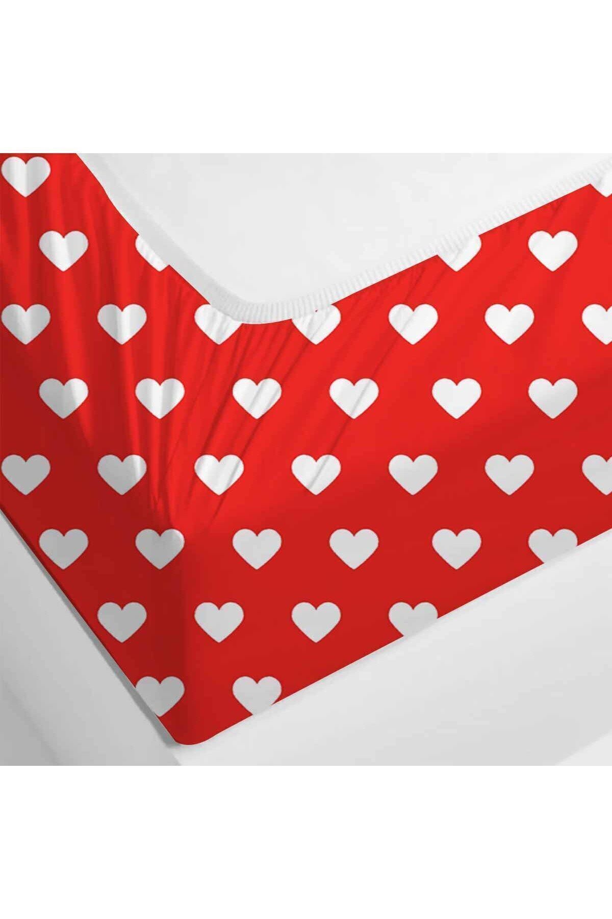 Else Halı-Else Red Heart Patterned Elastic Double Person Elastic Padded Sheet Set 160x200cm 3