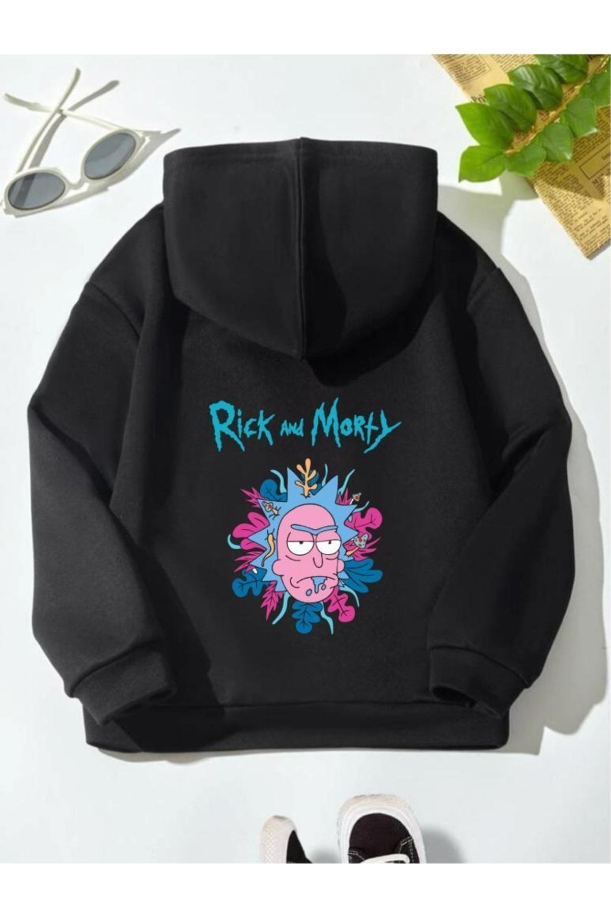 NoVibe Cocuk Unisex Oversize Siyah Rick And Morty Arka Bask l Kapu onlu Sweatshirt