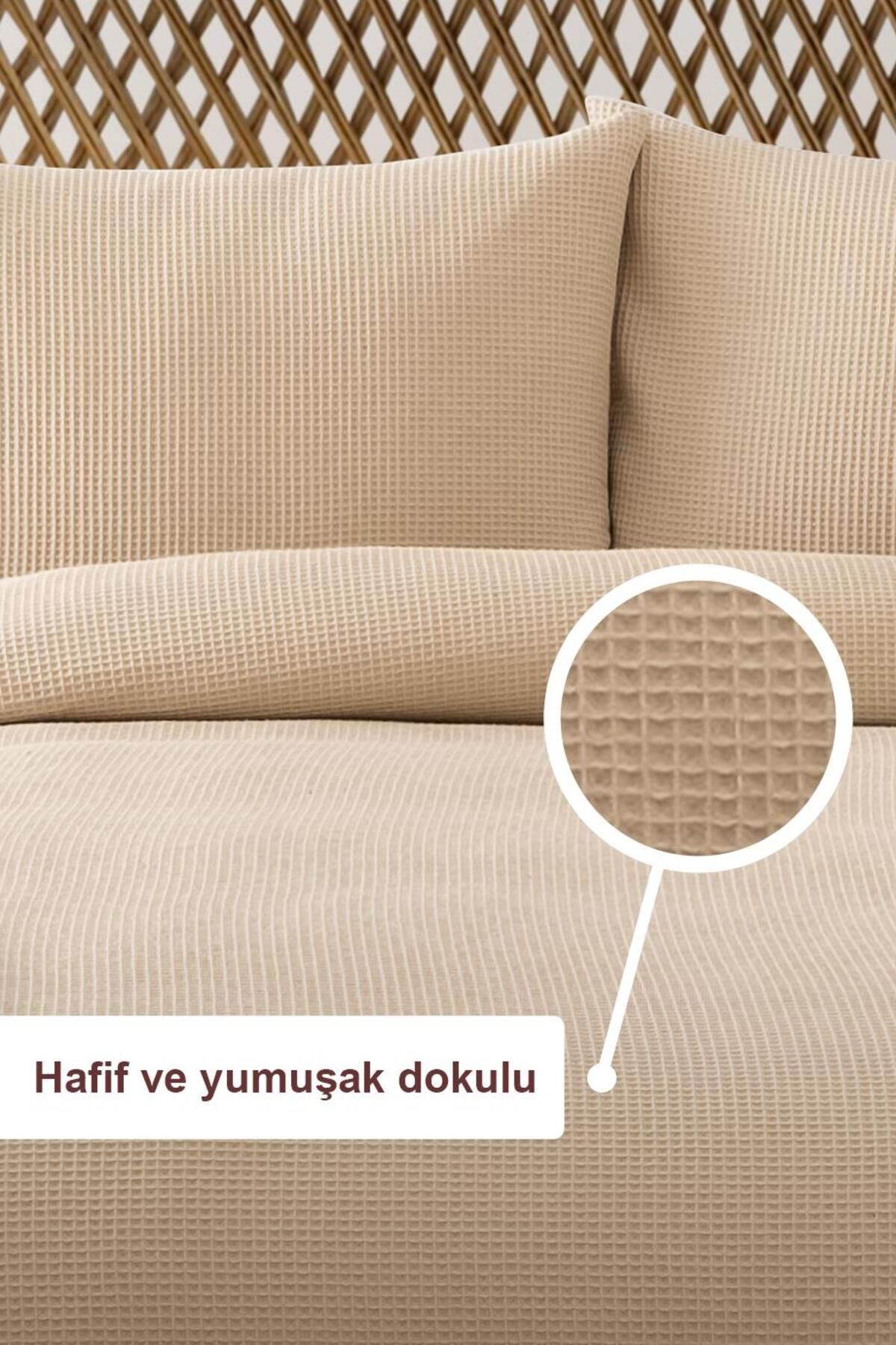 DENİZLİ CONCEPT Waffle Çift Kişilik Bej Pike Seti - Yumuşak Ve Kaliteli Pike Ve Yastık Kılıfı - 200x220 Cm 2