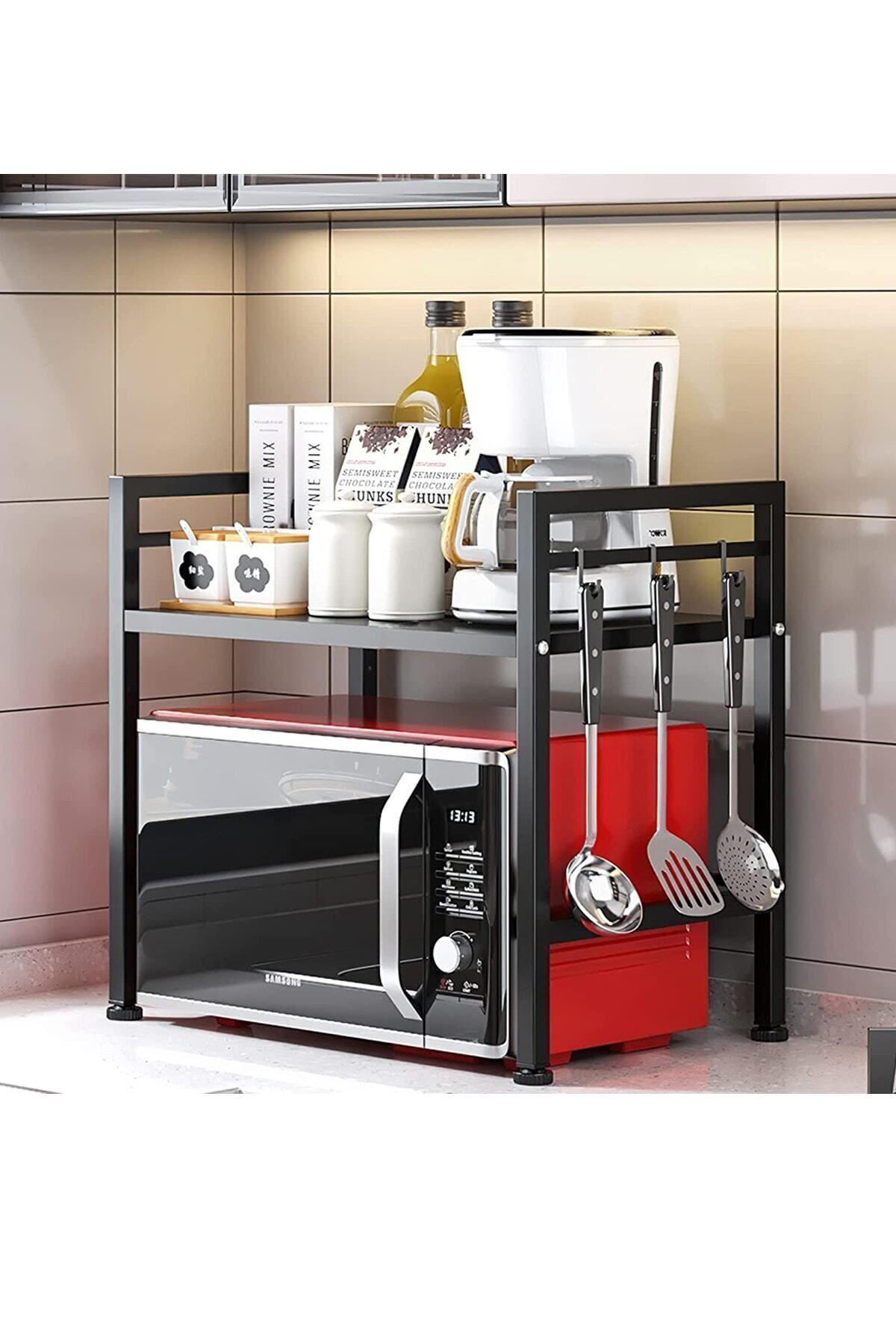 Ev Düzeni Uzmanı Siyah Mikrodalga Fırın Ve Mutfak Rafı – Tezgahüstü Modern Organizer, 59cm Genişlik