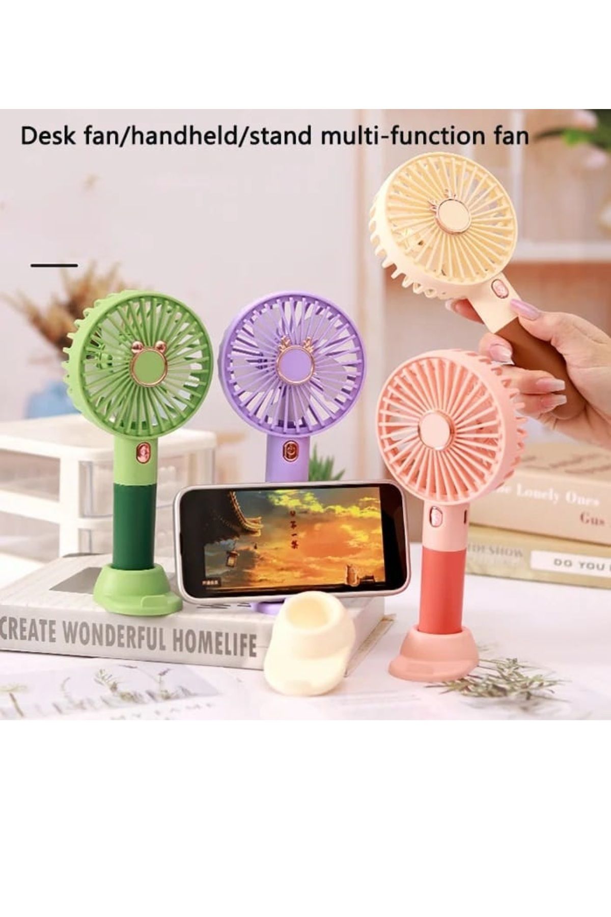 Mini Klima Şarjlı El Fanı Vantilatör Telefon Tutuculu Standlı Mini Serinletici Fan Krem #4