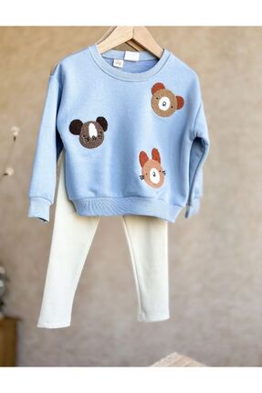 Kindo ÇOCUK MAVİ PUNCH İŞLEMELİ FİTİLLİ TAYT ALT ÜST TAKIM