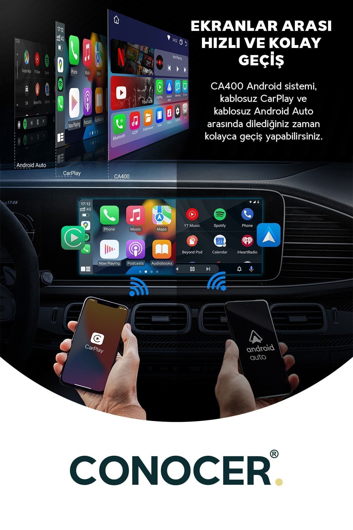 CONOCER-Wireless Carplay Adapter with Iphone iOS Android Netflix Youtube Compatible 3