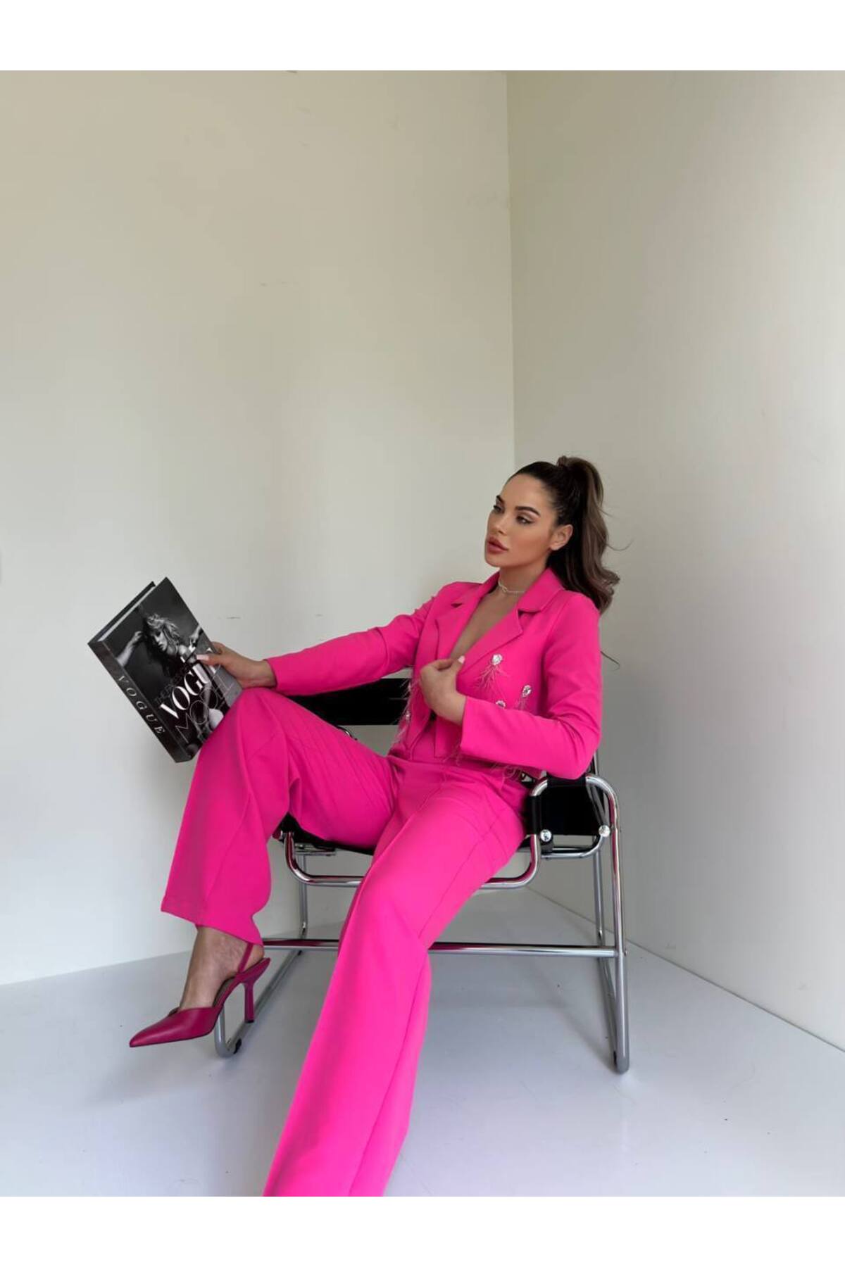 Women's Pink Imported Fabric Tassel Detail Jacket Waist Chain Belted Pants Design Bottom-Top Set