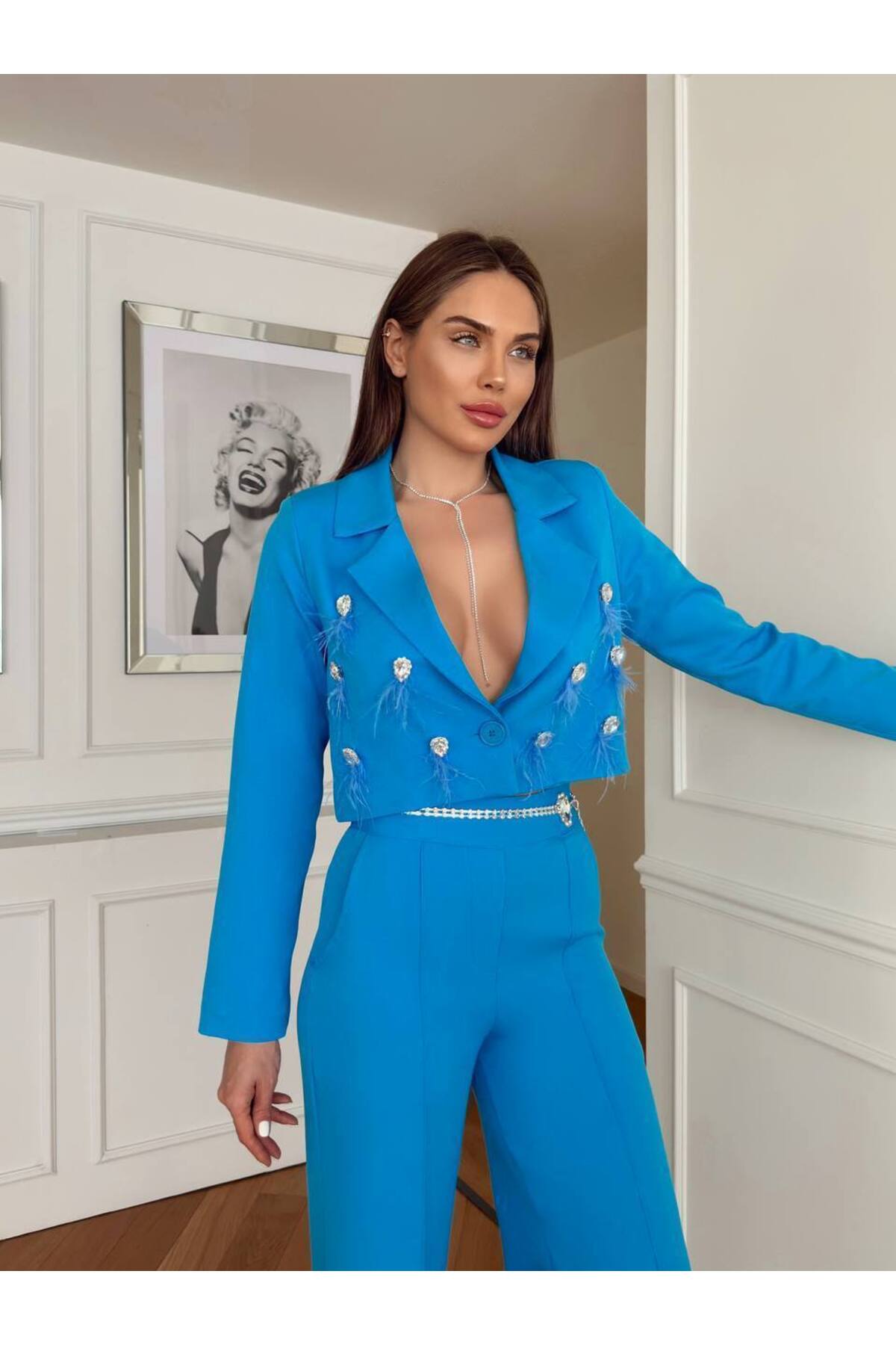 Women's Blue Imported Fabric Tassel Detail Jacket Waist Chain Belted Pants Design Bottom-Top Set