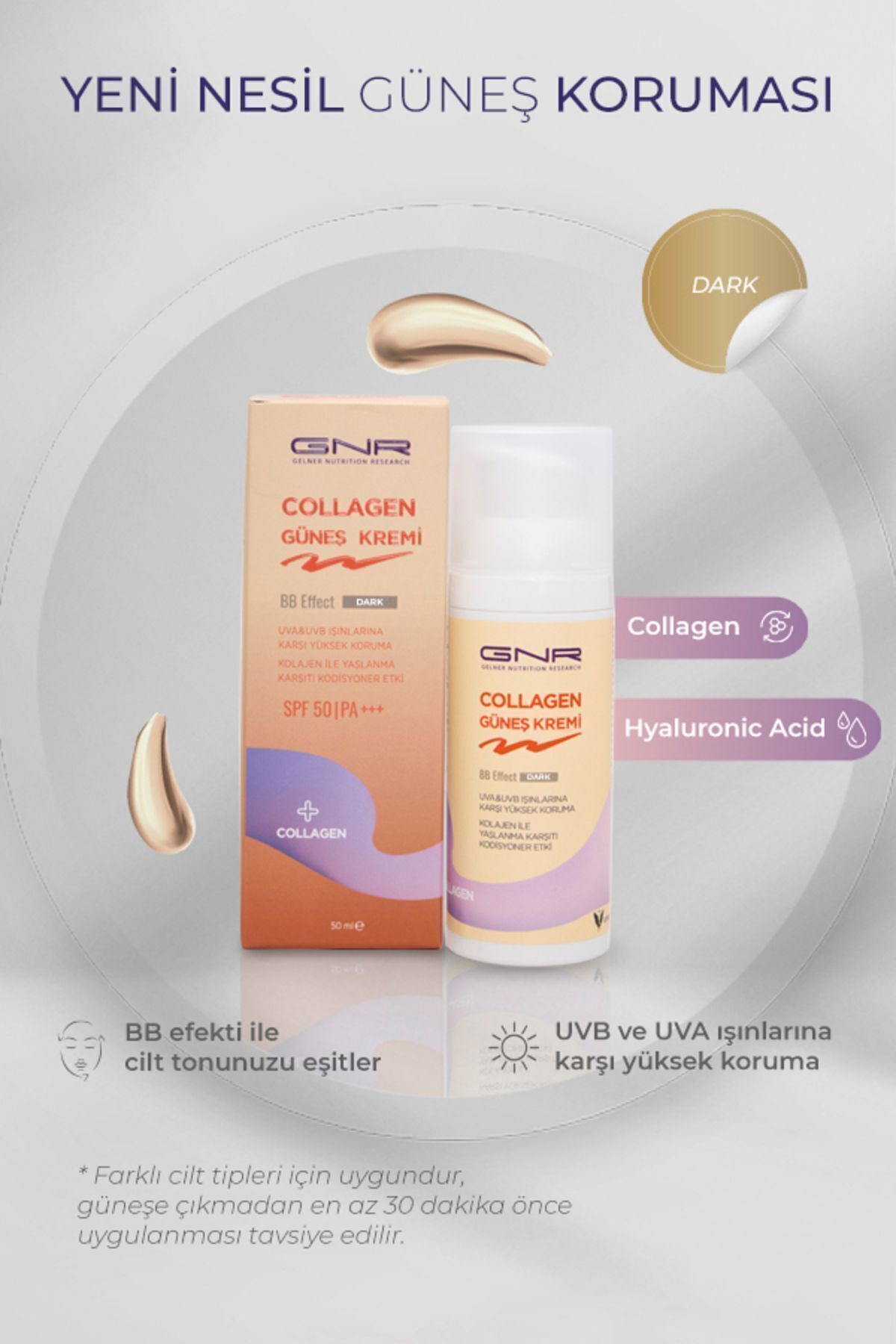 ضد آفتاب 50 SPF+ Collagen BB Effect Dark 50 ml GNR GELNER NUTRITION RESEARCH