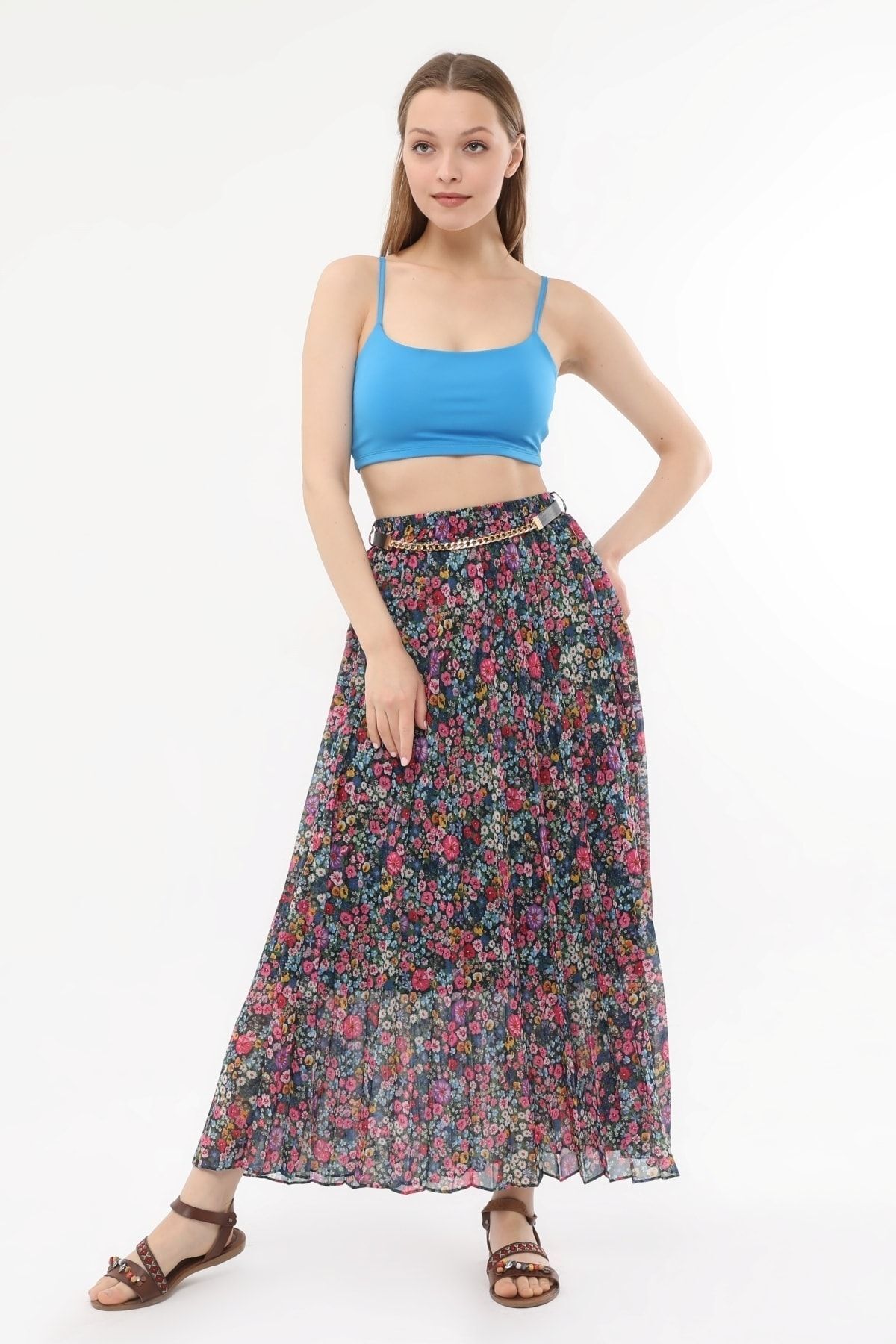 sehatex-Pleated Chiffon Skirt - Patterned, Elastic Waist and Lined Qys 7