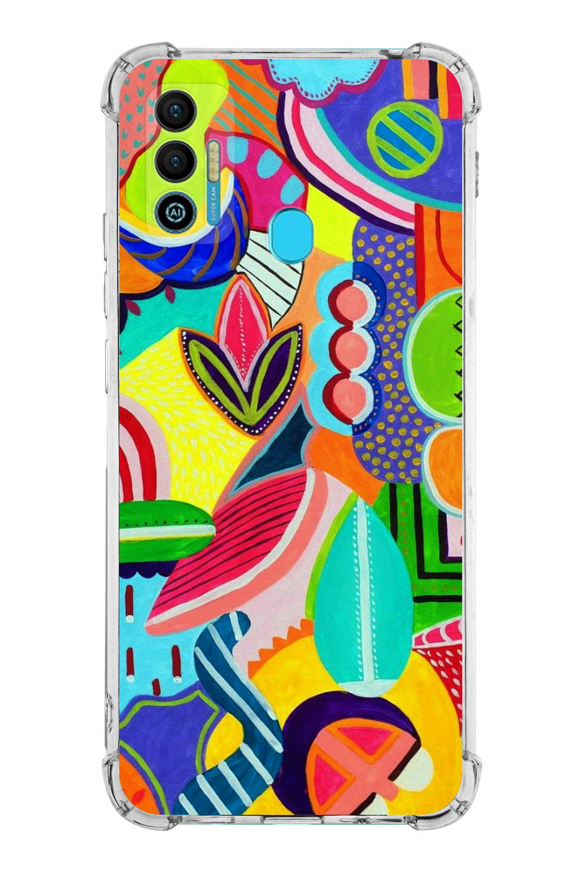 Tecno Spark 7 / 7T Uyumlu Retro Color 6 Baskılı Şeffaf Köşe Korumalı Antişok Kılıf