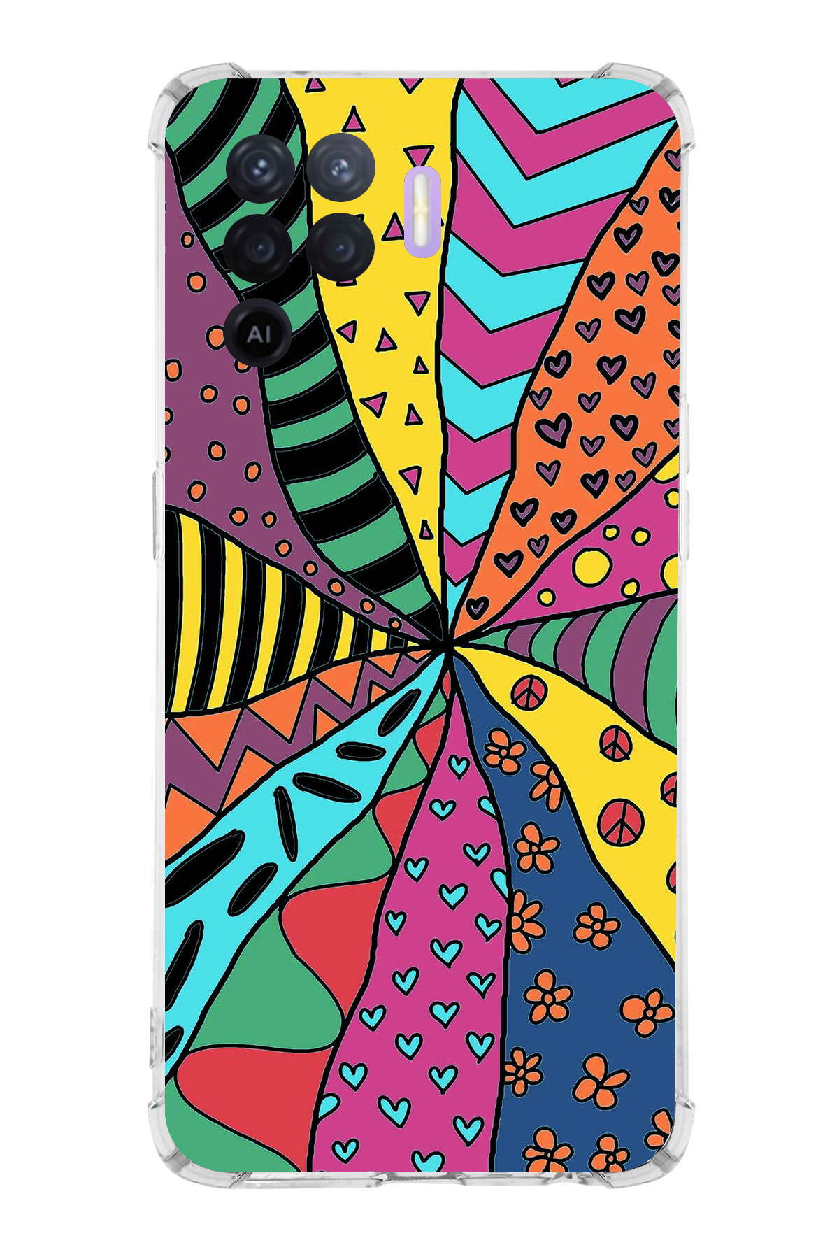 Oppo A94 Uyumlu Retro Color 4 Baskılı Şeffaf Köşe Korumalı Antişok Kılıf