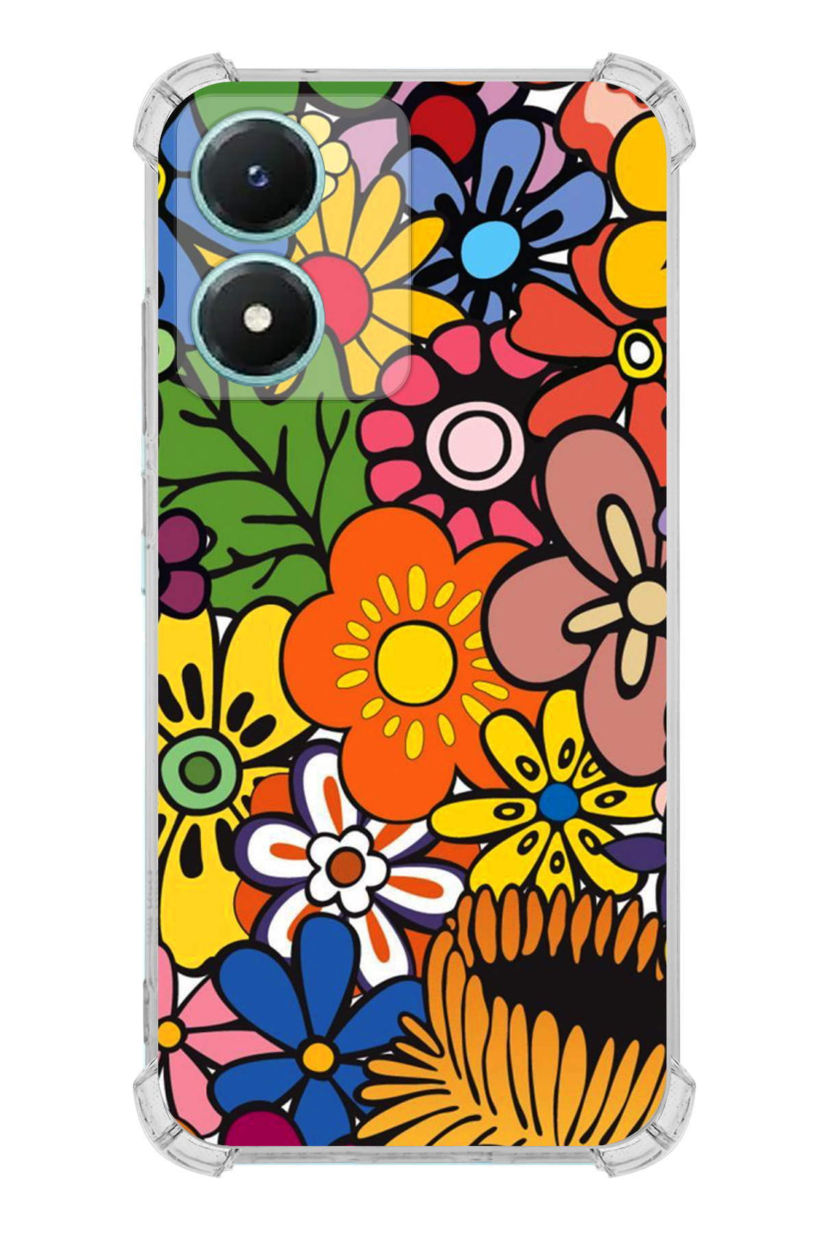 Vivo Y16 Uyumlu Retro Color 2 Baskılı Şeffaf Köşe Korumalı Antişok Kılıf