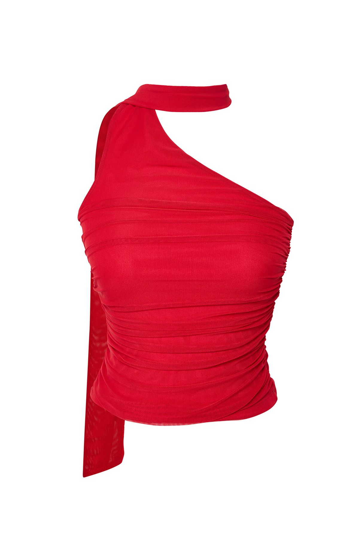 Trendyol Collection-Stretchy Red Knitted Blouse - Halter Neck, Drawstring and Lined TWOSS24BZ00202 6