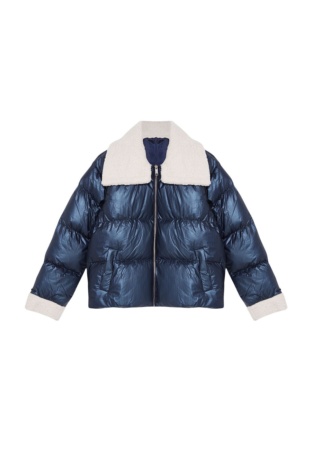 Trendyol Collection-Palton puf albastru bleumarin strălucitor - cu guler de pluș și detaliu curea, hidrofug TWOAW25MO00062 8