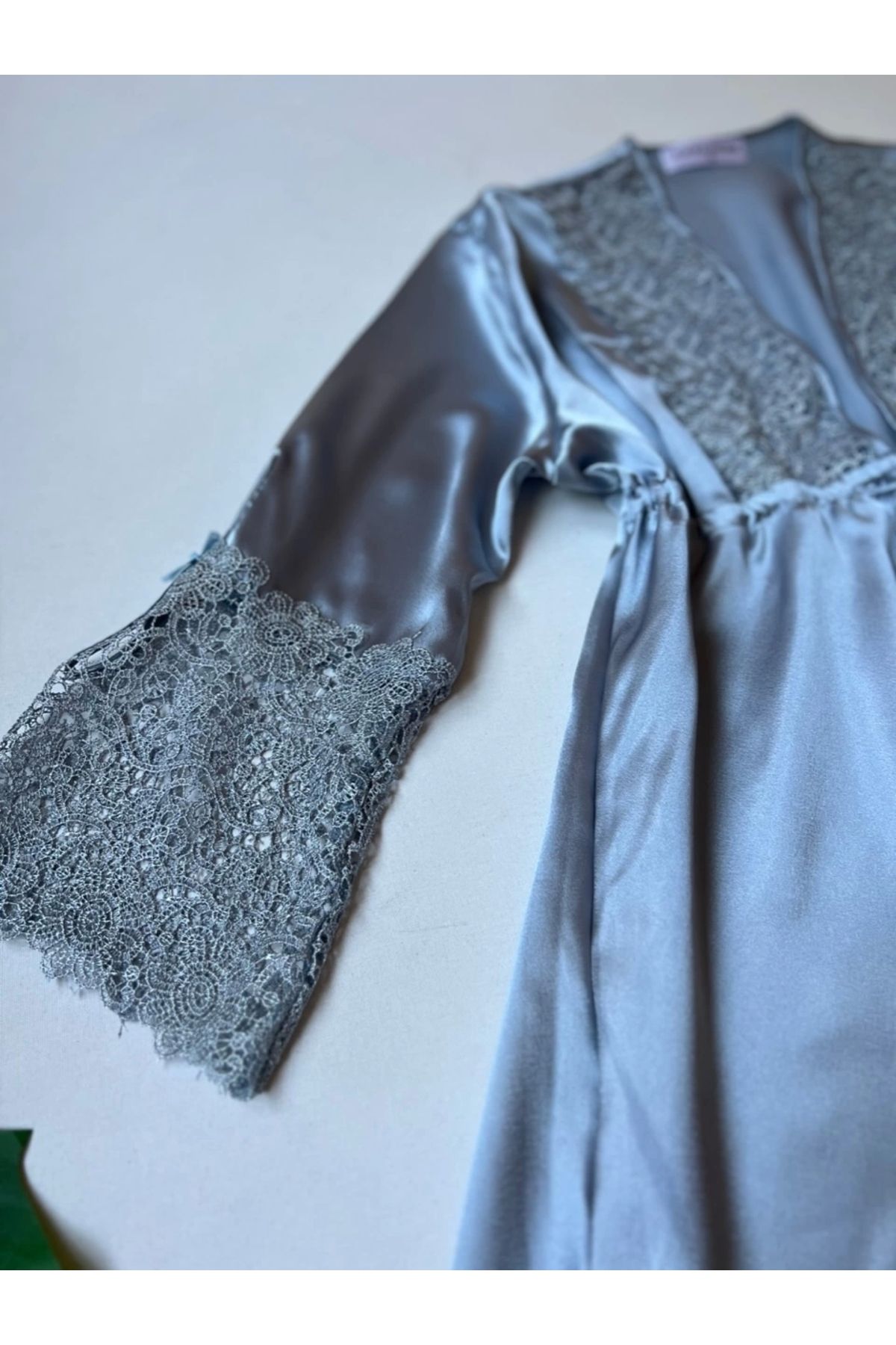 KARLİNAX-6-Piece Satin Nightdress and Dressing Gown Set - Mist Guipure Detailed 6