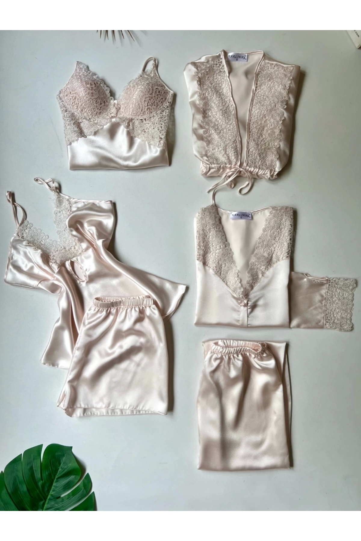 KARLİNAX İnci Güpür Detaylı 6’lı Saten Gecelik Sabahlık Set