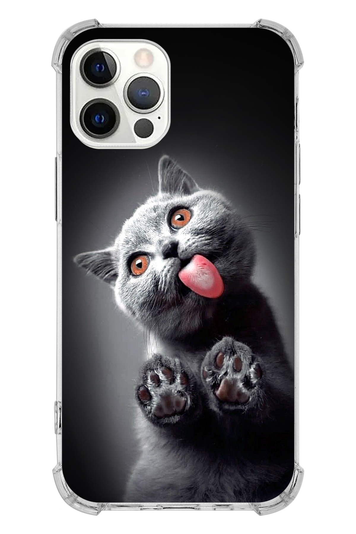 PrintiFy Apple iPhone 12 Pro Uyumlu Kedi 2 Baskılı Şeffaf Köşe Korumalı Antişok Kılıf
