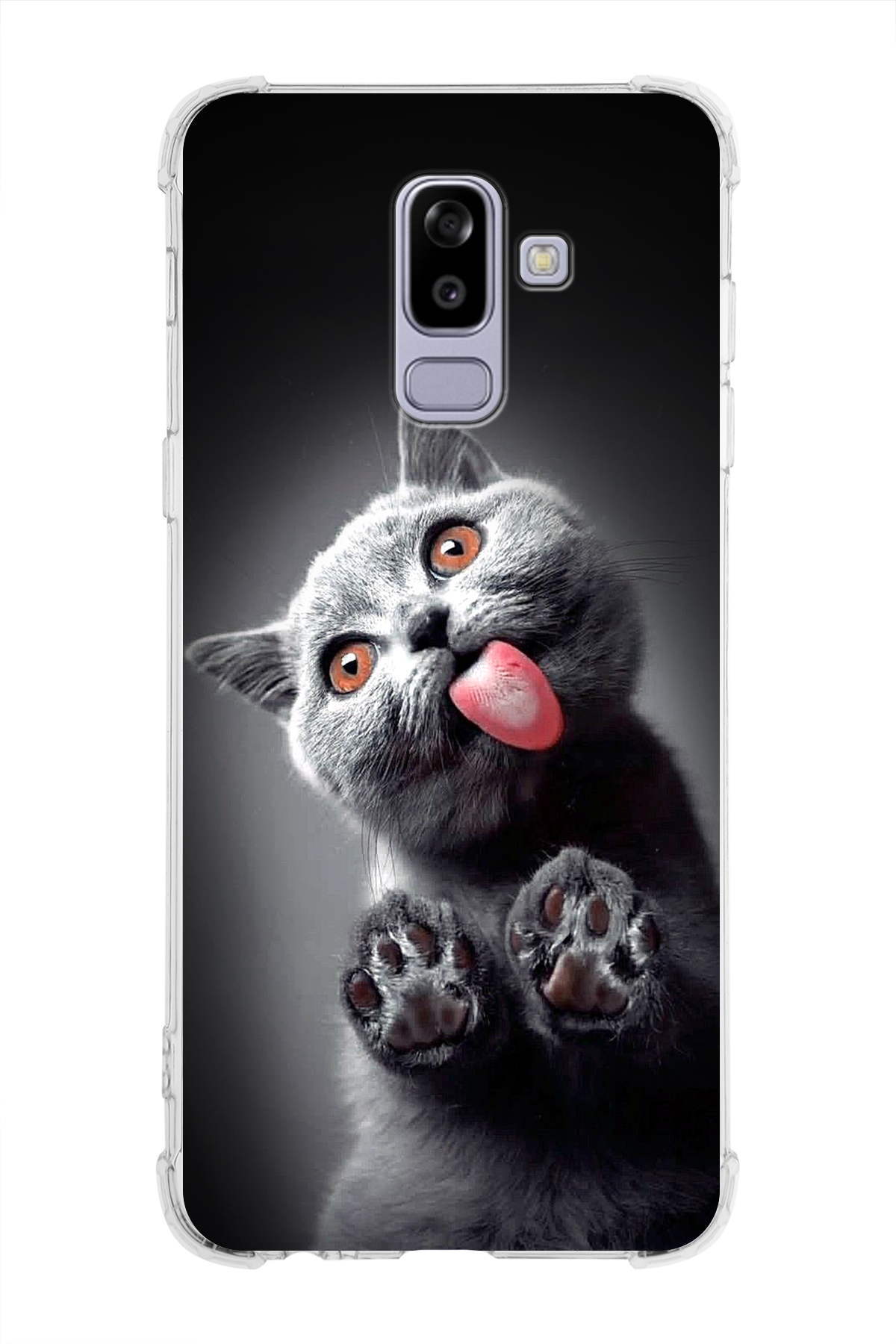 Samsung Galaxy A6 (2018) Uyumlu Kedi 2 Baskılı Şeffaf Köşe Korumalı Antişok Kılıf