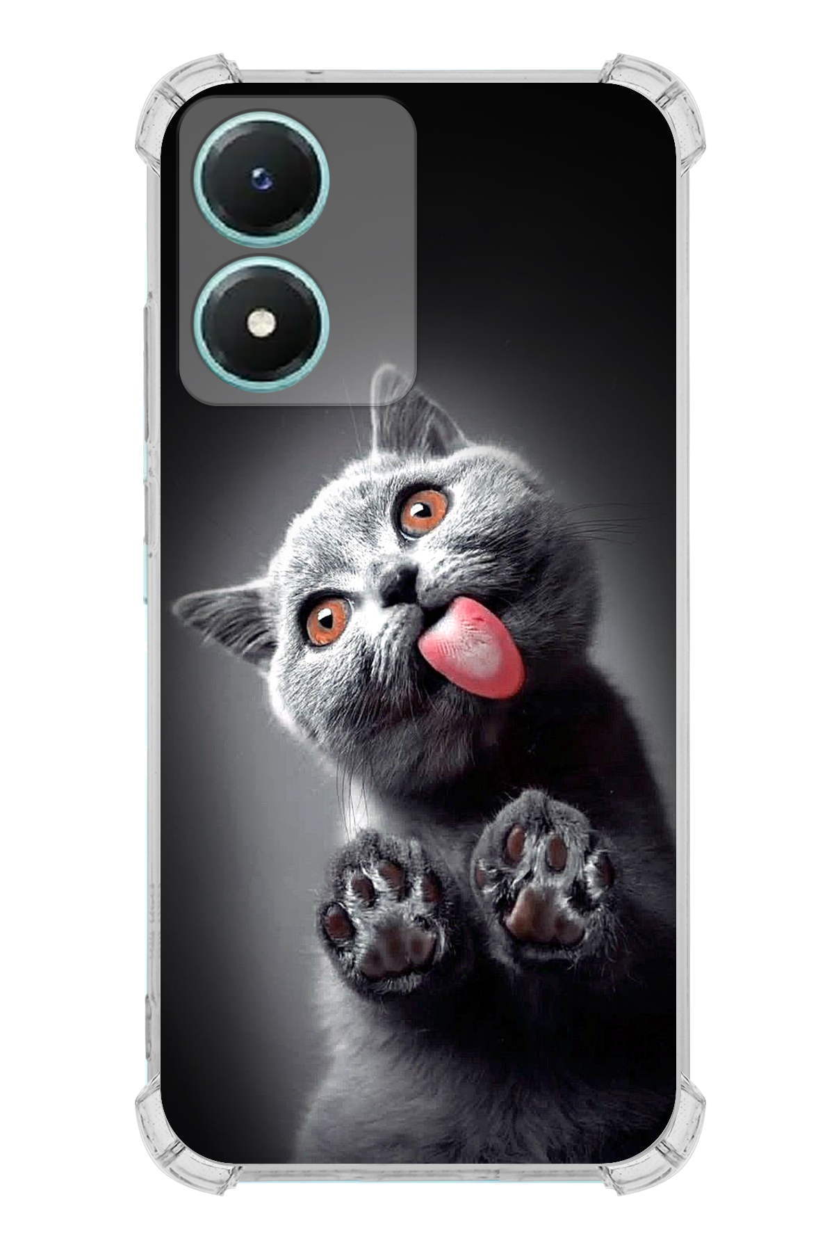 Vivo Y16 Uyumlu Kedi 2 Baskılı Şeffaf Köşe Korumalı Antişok Kılıf
