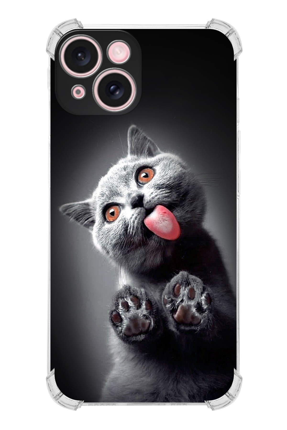 PrintiFy Apple iPhone 15 Kedi 2 Şeffaf Köşe ve Kamera Korumalı Korumalı Antişok Kılıf