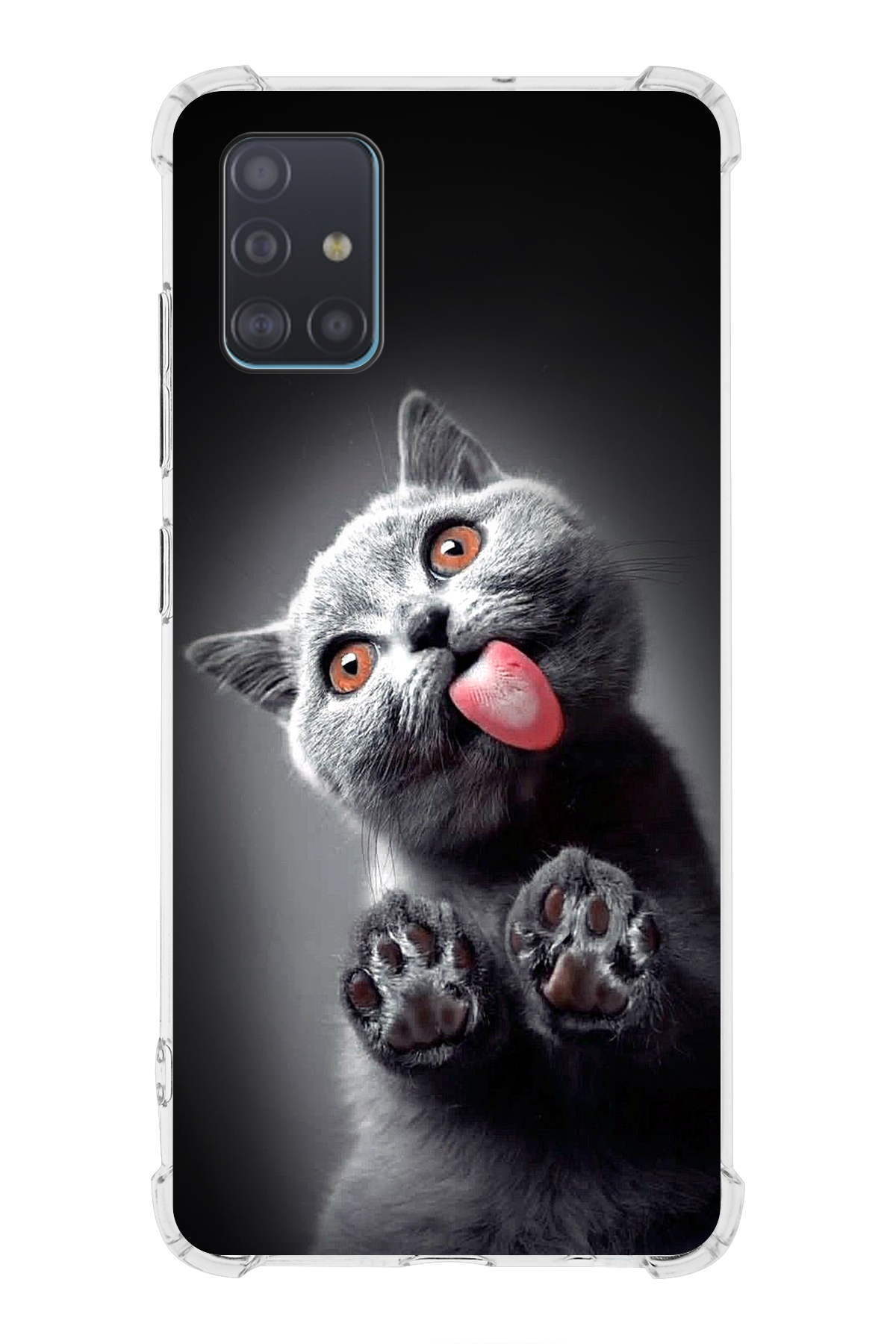 Samsung Galaxy A51 Uyumlu Kedi 2 Baskılı Şeffaf Köşe Korumalı Antişok Kılıf