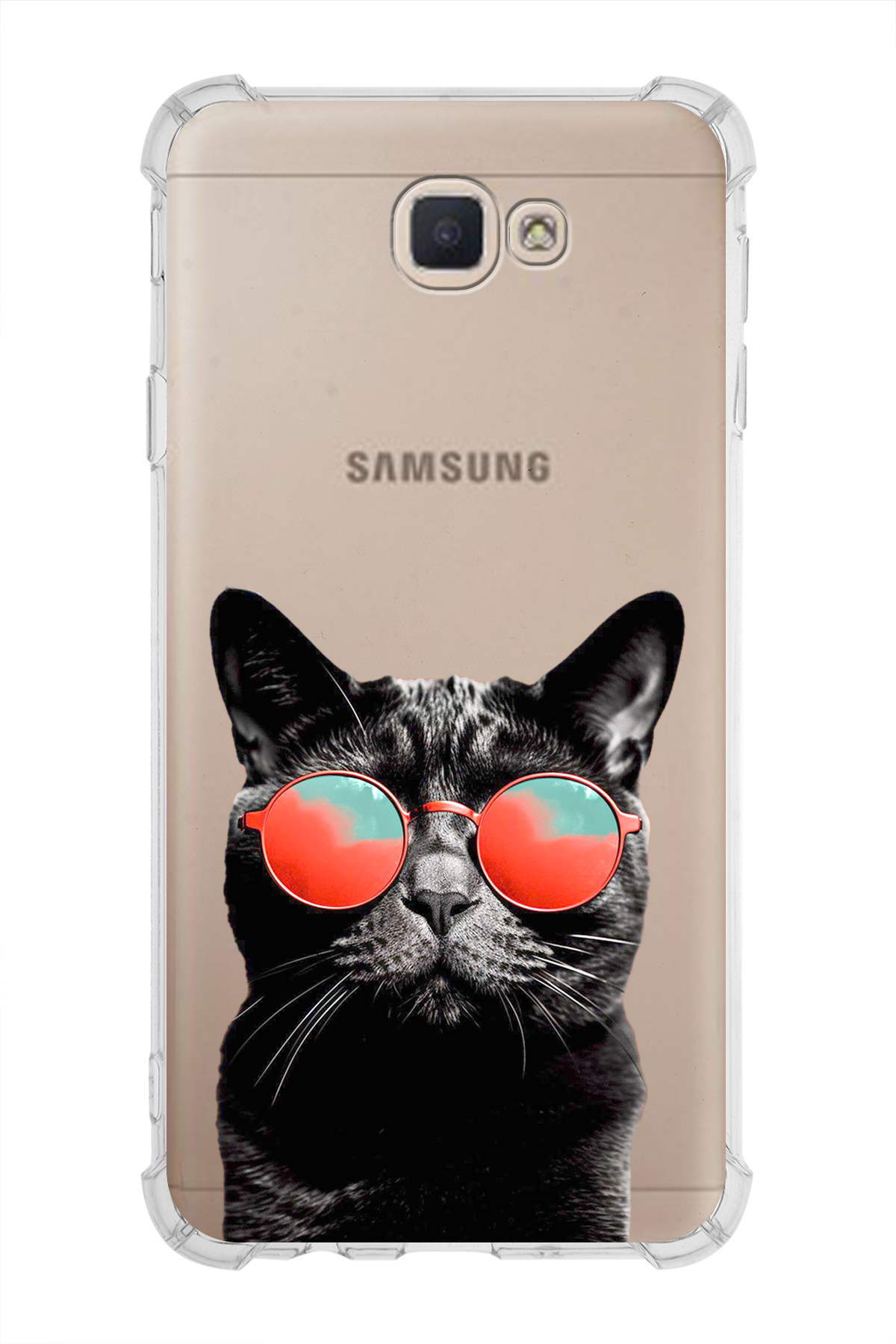 Samsung Galaxy J7 Prime Uyumlu Kedi 3 Baskılı Şeffaf Köşe Korumalı Antişok Kılıf